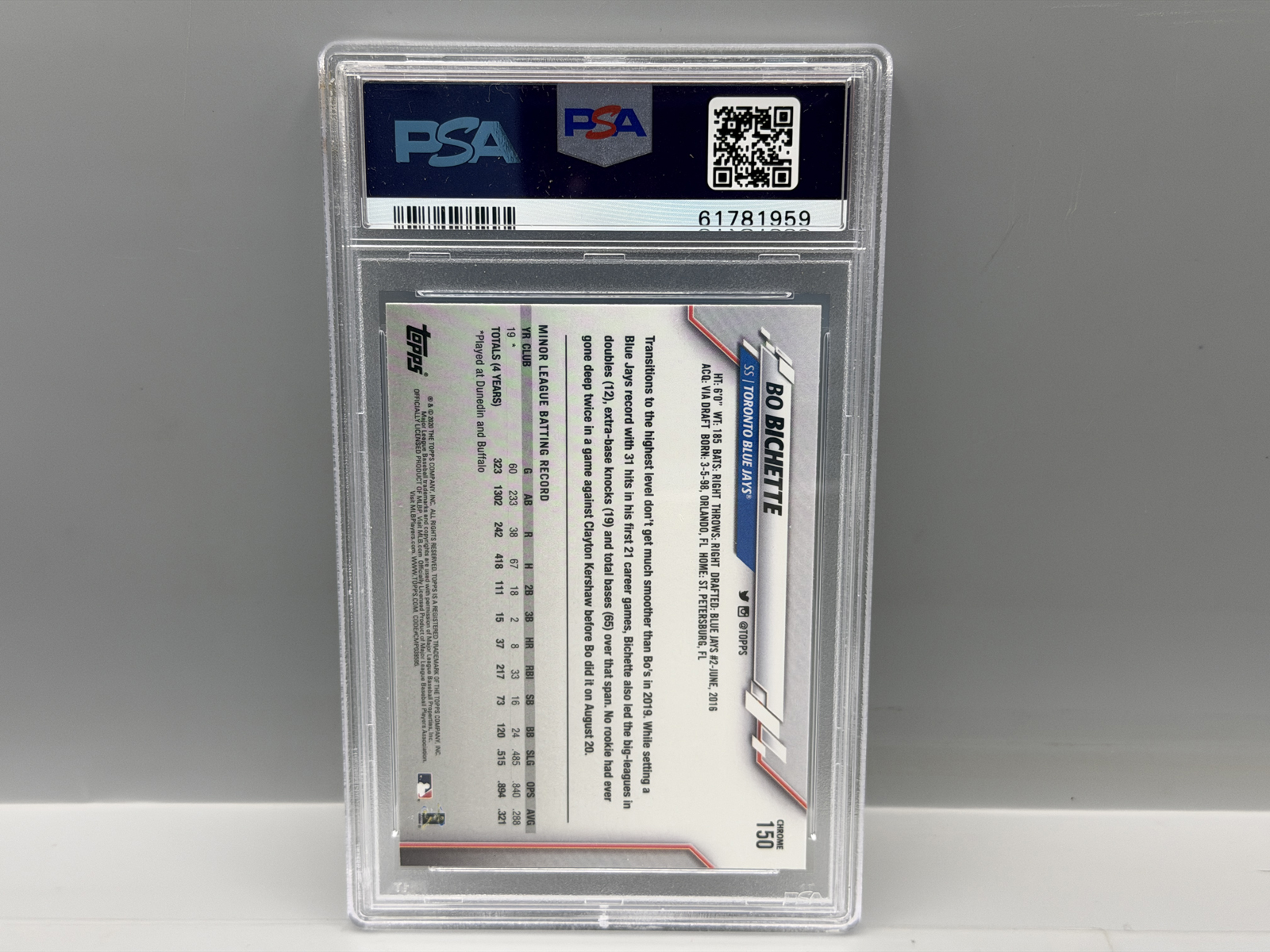 2020 Topps Chrome Bo Bichette RC #150 PSA Gem Mint 10