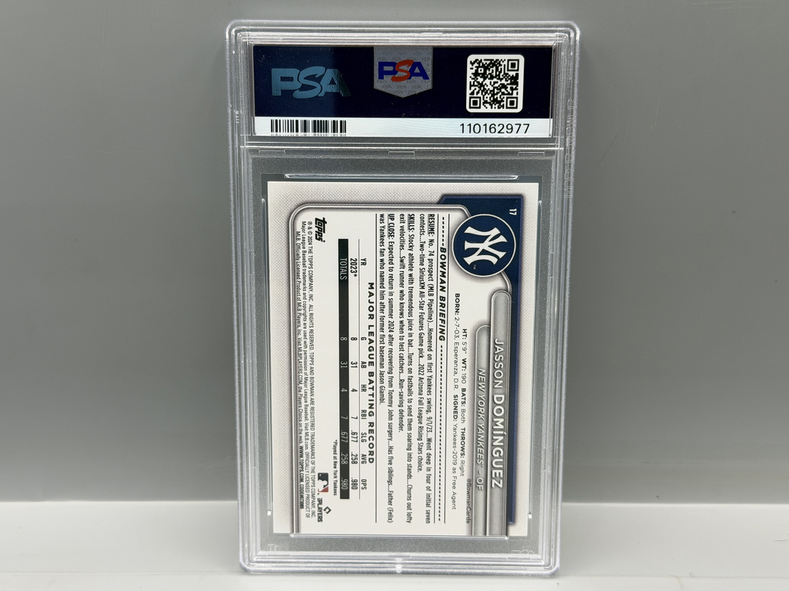 2024 Bowman Jasson Dominguez RC #17 PSA Gem Mint 10