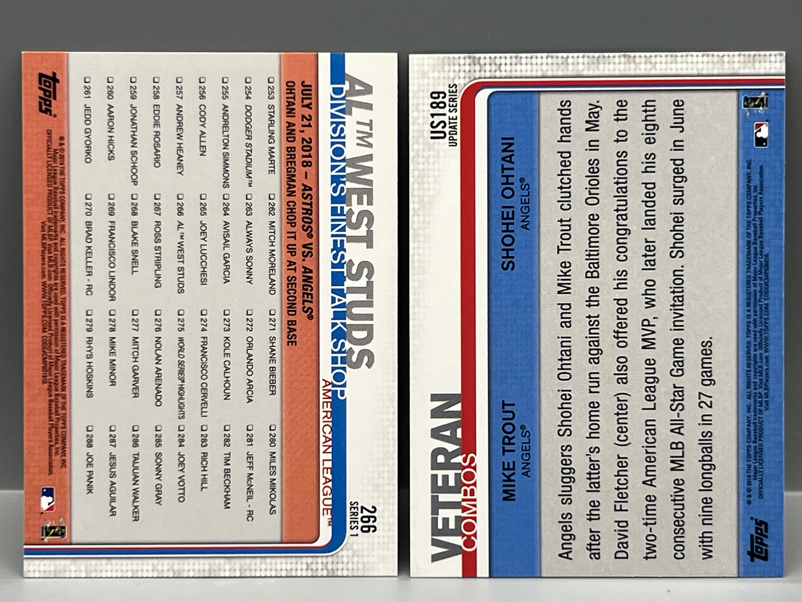 2019 Topps Series One Shohei Ohtani 2nd Year #266 & 2019 Topps Update Shohei Ohtani 2nd Year #US189