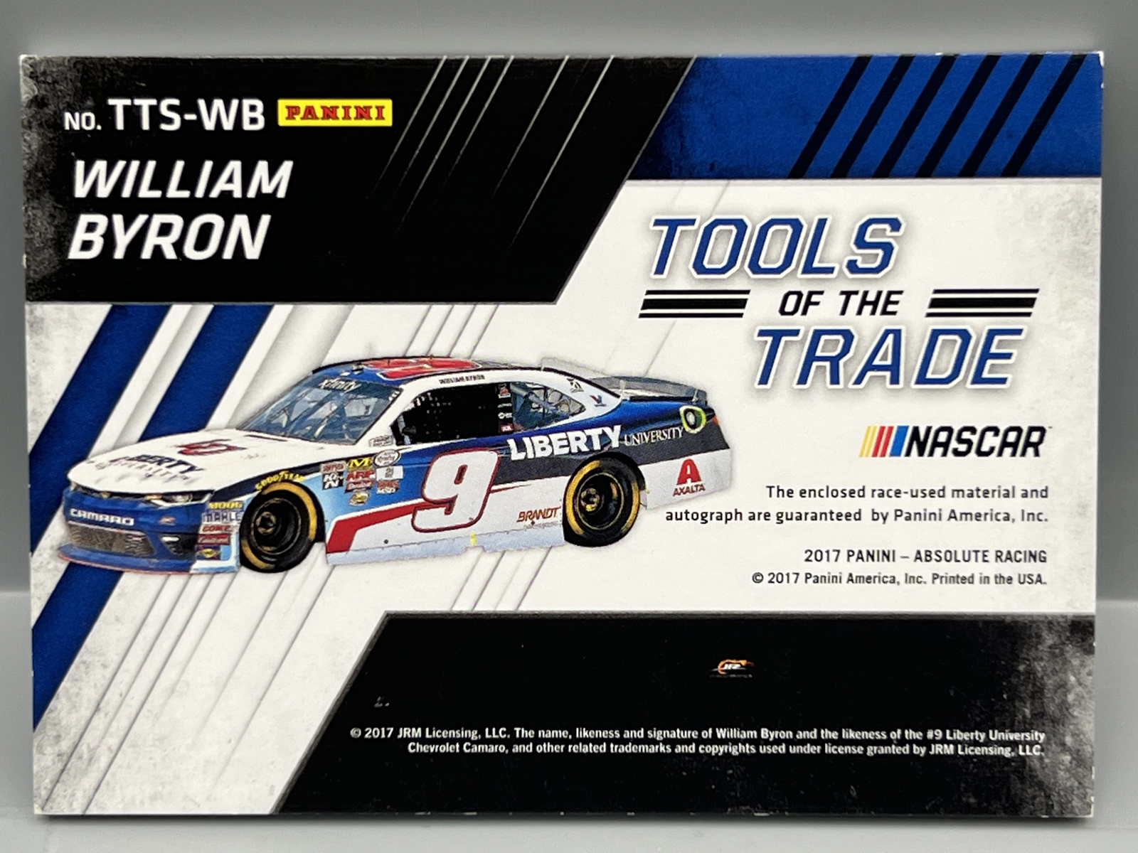 2017 Panini Absolute Racing William Byron Tools of The Trade Race Used Patch Auto #/10