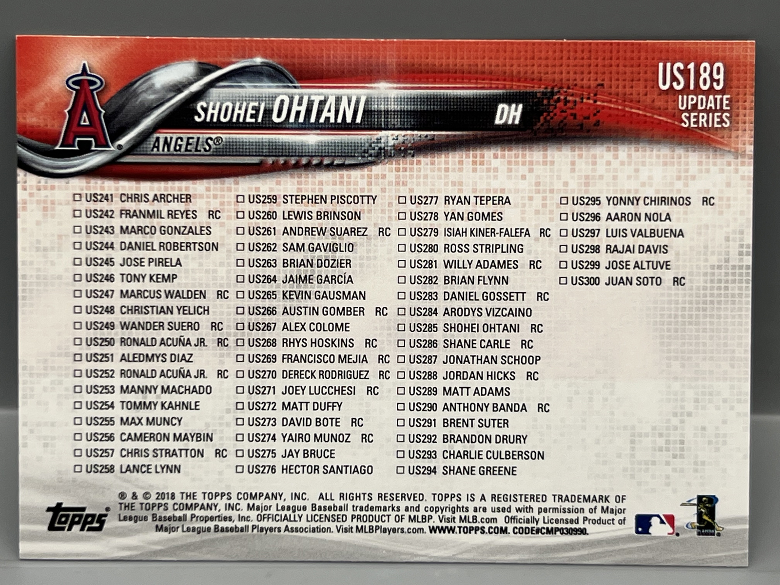 2018 Topps Update Shohei Ohtani 3 Game HR Streak RC #US189