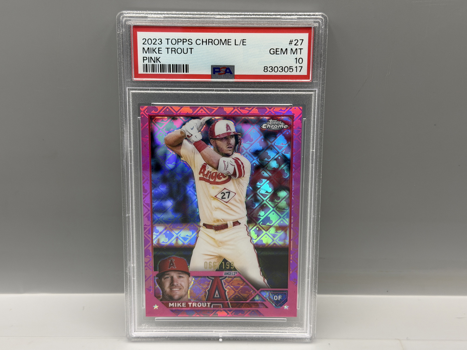 2023 Topps Chrome Mike Trout #27 Pink MLB Logofractor Refractor #066/199 PSA Gem Mint 10