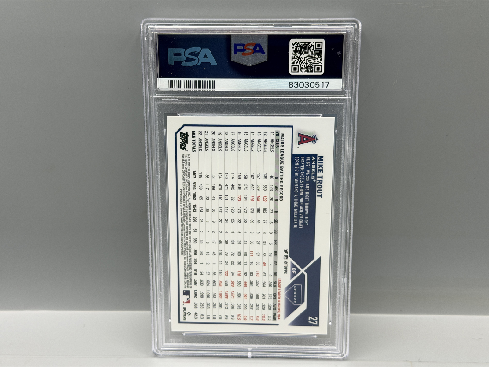 2023 Topps Chrome Mike Trout #27 Pink MLB Logofractor Refractor #066/199 PSA Gem Mint 10