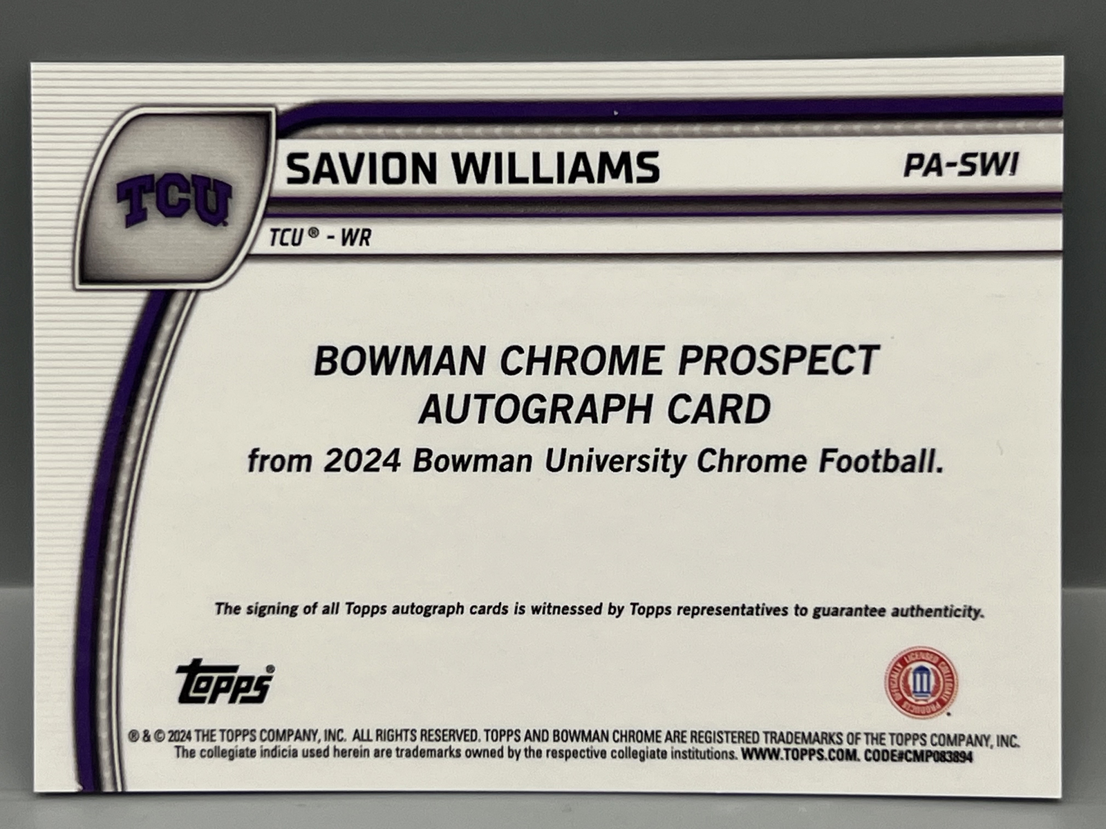 2024 Bowman University Chrome Savion Williams Yellow 1st Bowman RC Auto #/75