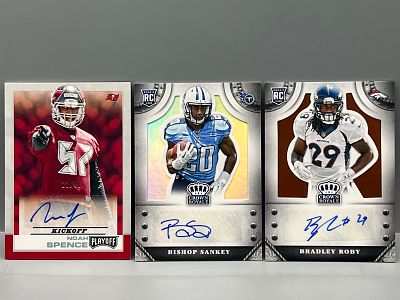 (3) Assorted Football Pack Pulled Autos - Noah Spence, Bishop Sankey, & Bradley Roby