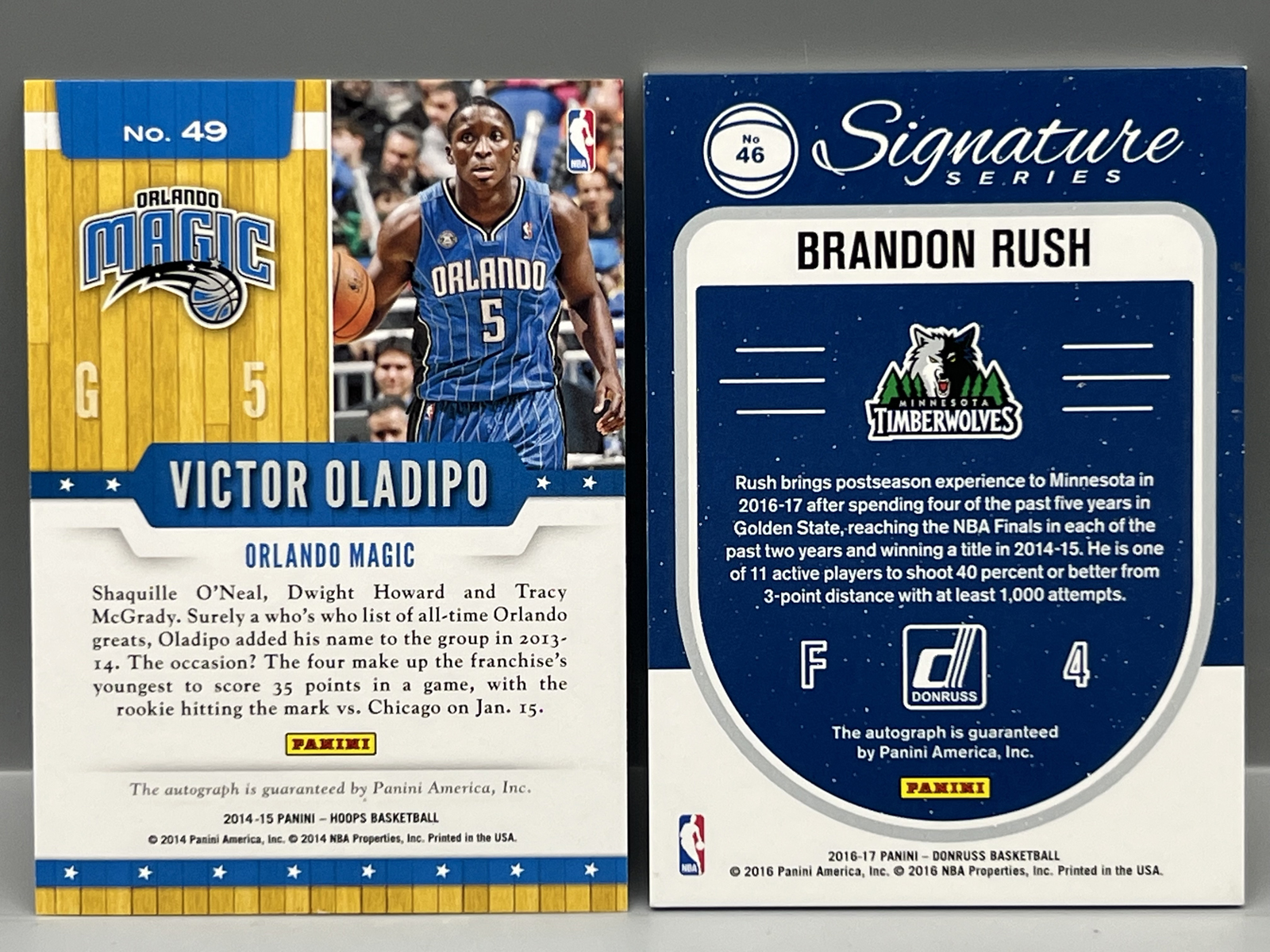 2014-15 Panini Hoops Victor Oladipo Great Signatures Auto #49 & 2016-17 Panini Donruss Brandon Rush Signature Series Auto #46