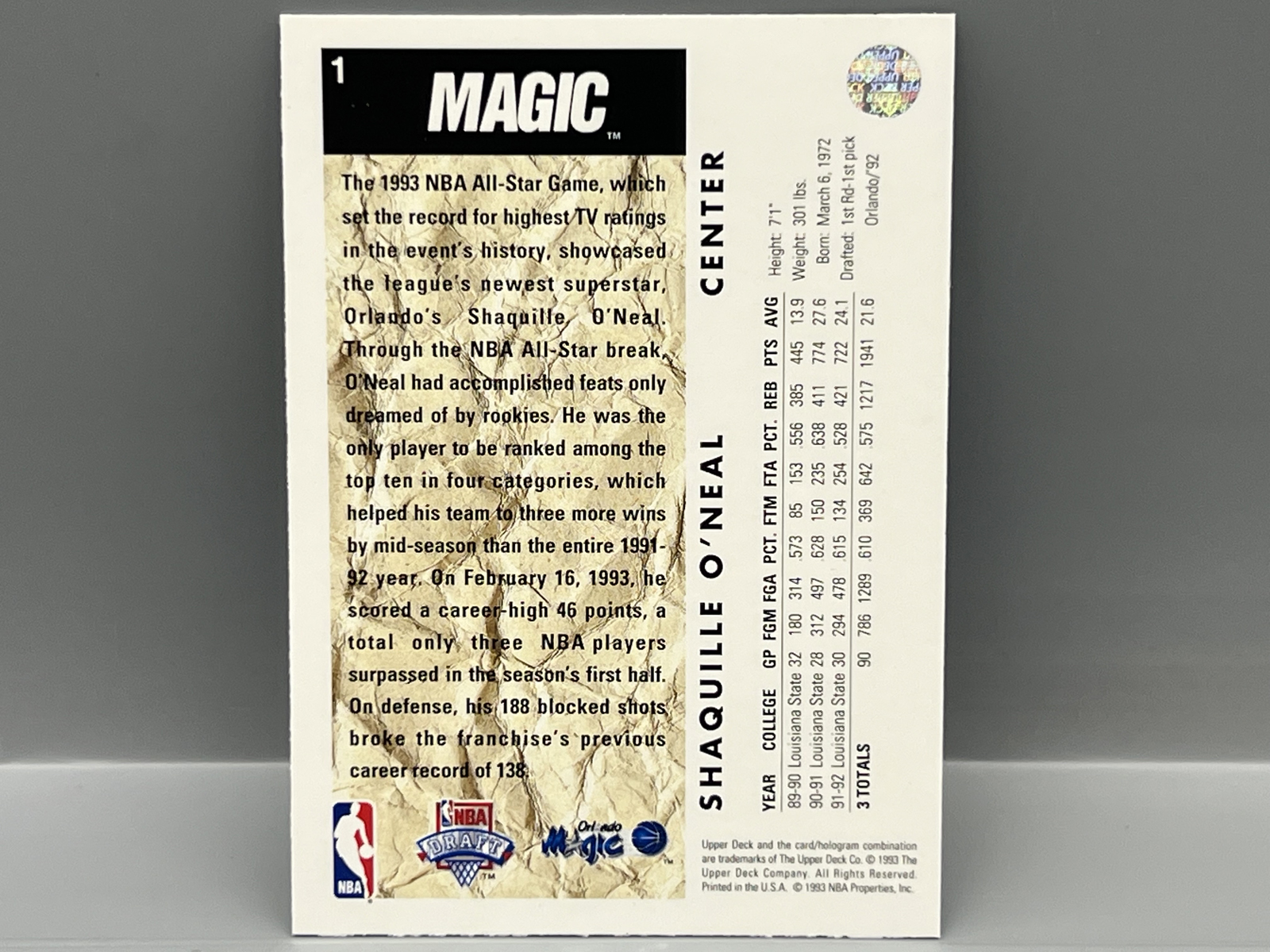 1992-93 Upper Deck Shaquille O'Neal RC #1
