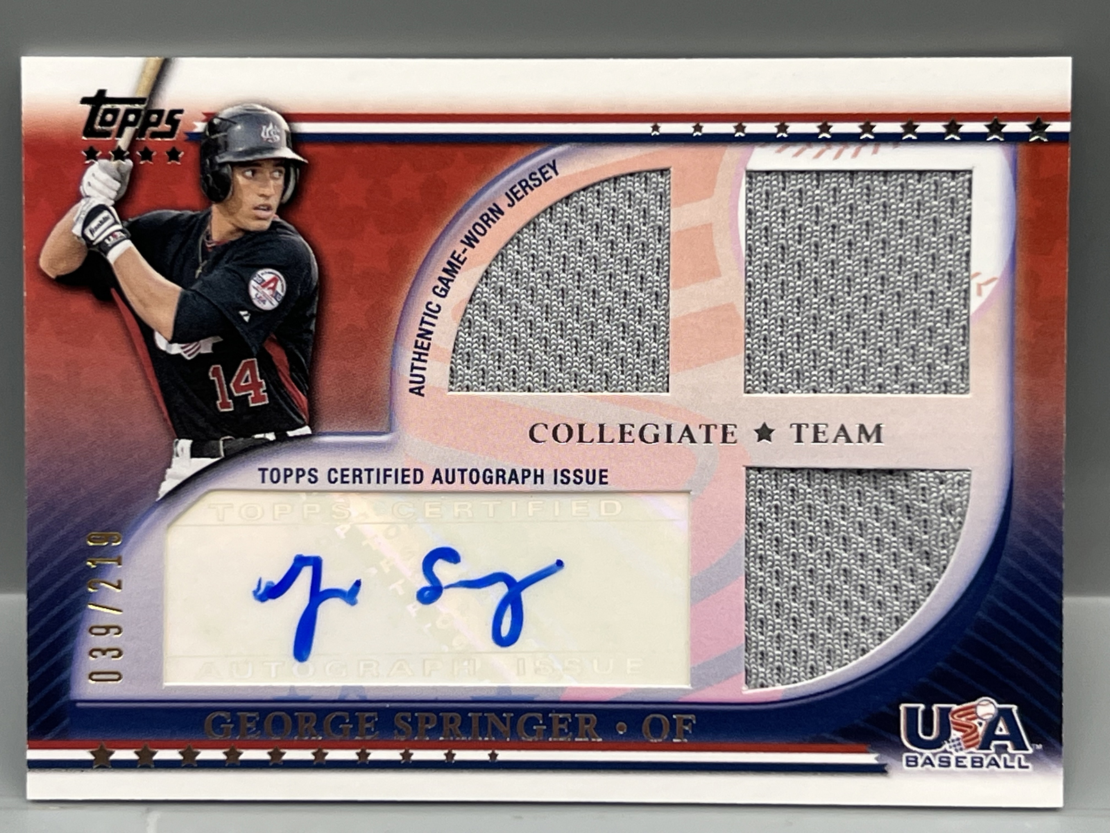 2010 Topps USA Baseball Collegiate Team George Springer Game Worn Patch Auto #/219