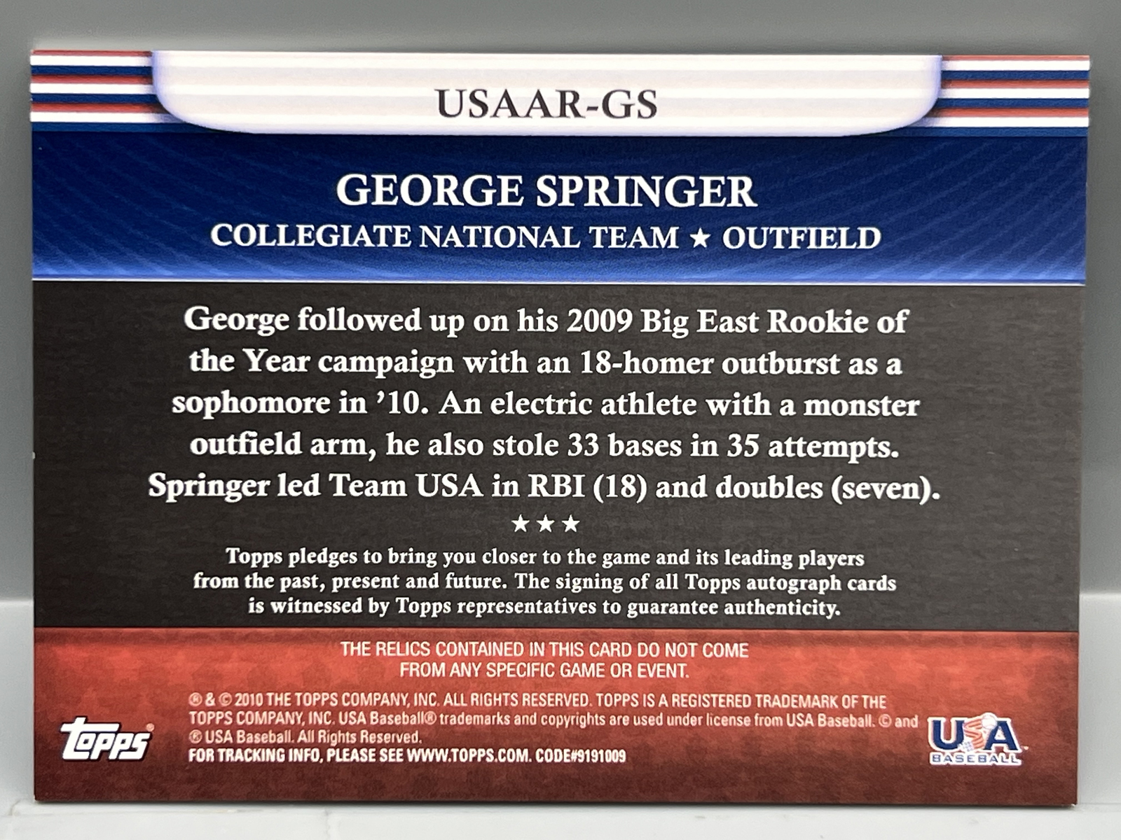 2010 Topps USA Baseball Collegiate Team George Springer Game Worn Patch Auto #/219