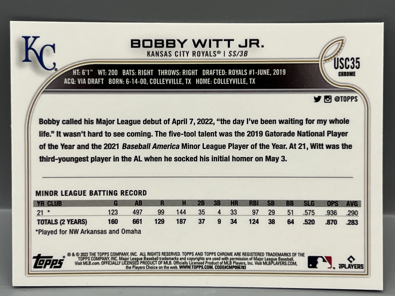 2022 Topps Chrome Bobby Witt Jr. Purple Refractor RC #USC35