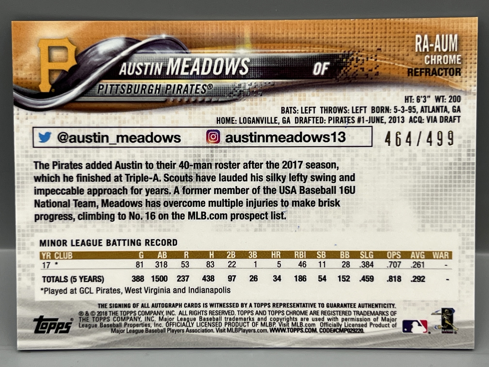 2018 Topps Chrome Austin Meadows On Card RC Refractor Auto #/499