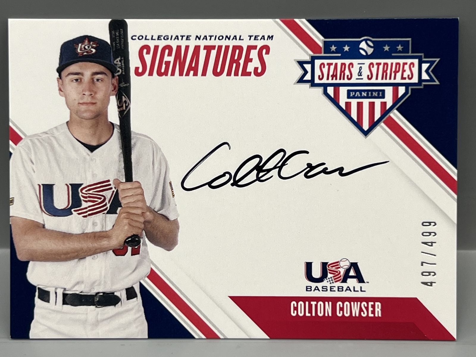 2020 Panini USA Baseball Stars & Stripes Colton Cowser On Card Collegiate National Team Signatures Auto #/499