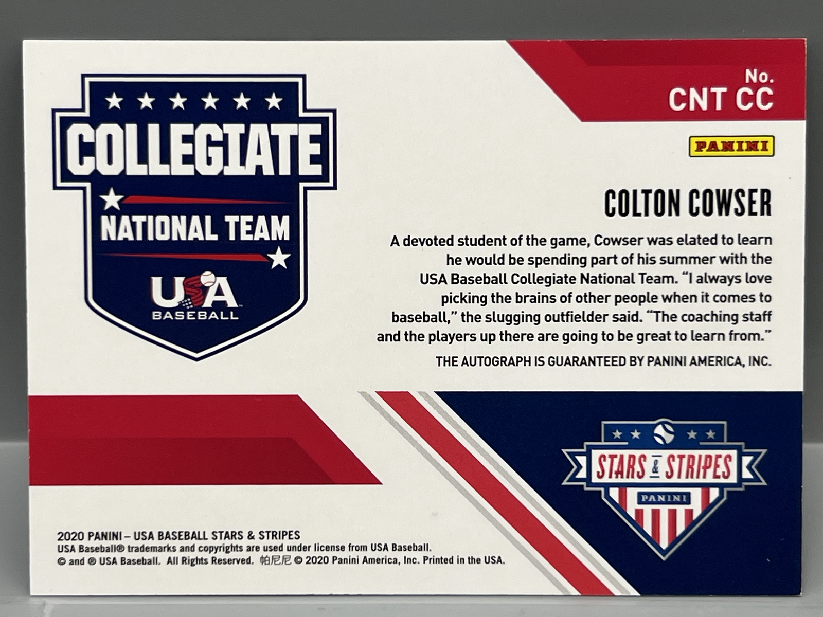 2020 Panini USA Baseball Stars & Stripes Colton Cowser On Card Collegiate National Team Signatures Auto #/499