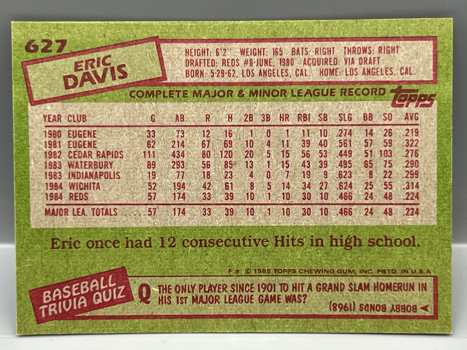 1985 Topps Eric Davis RC #627