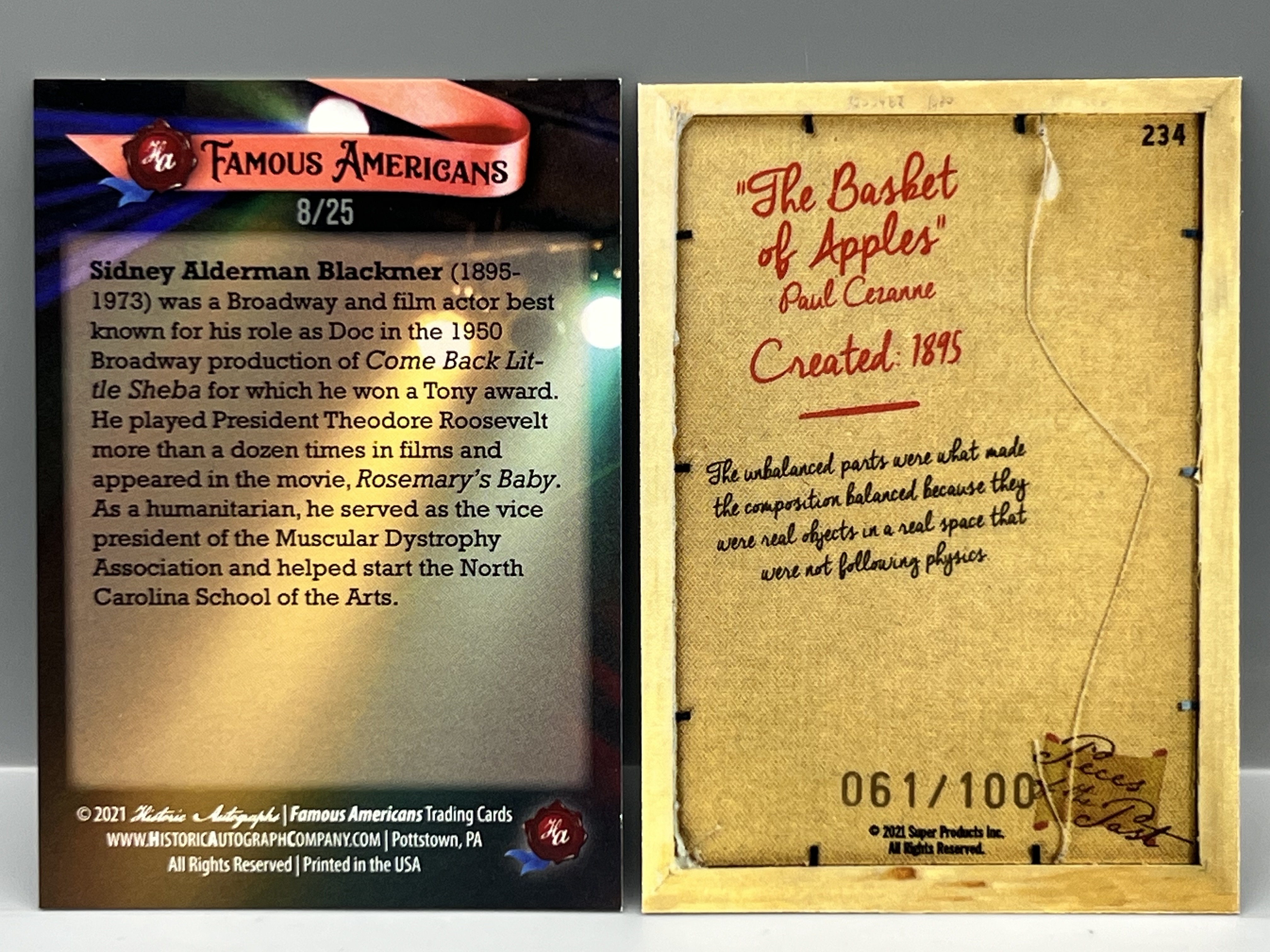 2021 Historic Autograph Co. Famous Americans Sidney Blackmer #/25 & 2021 Pieces of The Past The Basket of Apples #/100