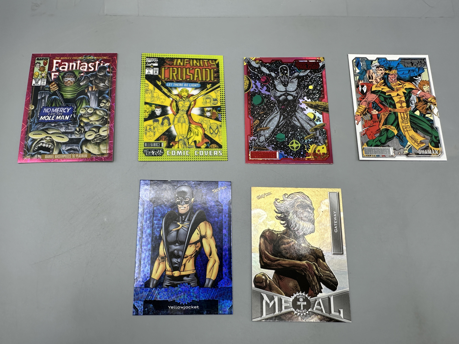 Lot of (6) Modern Marvel Trading Cards Including Masterpieces Metal Universe and Allegiance Parallels