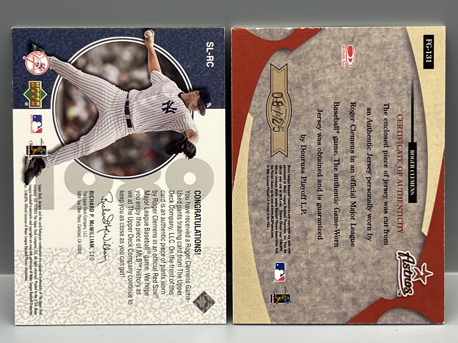 2002 Upper Deck Stars of '89 Roger Clemens Relic & 2005 Leaf Certified Fabric of The Game Relic #/25 - Both Game Worn Relics