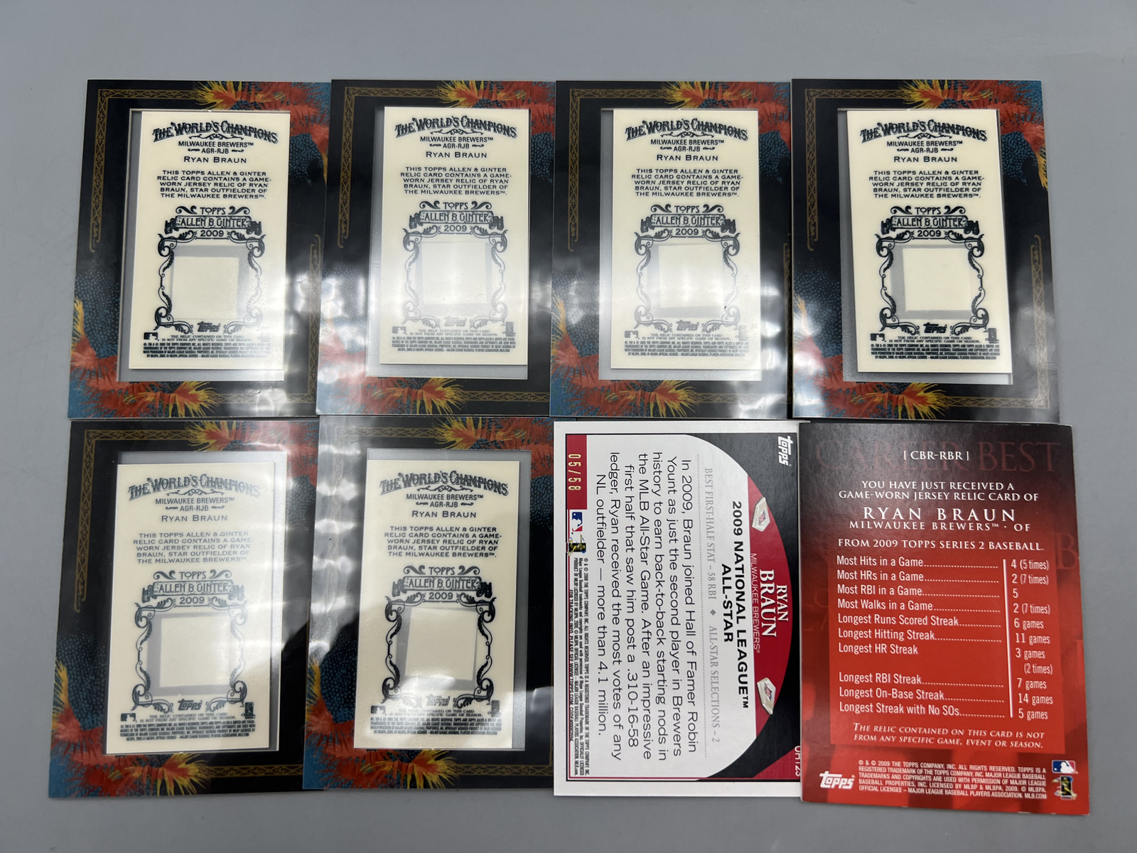 Lot of (8) Ryan Braun Baseball Relic & Serial Numbered Trading Cards