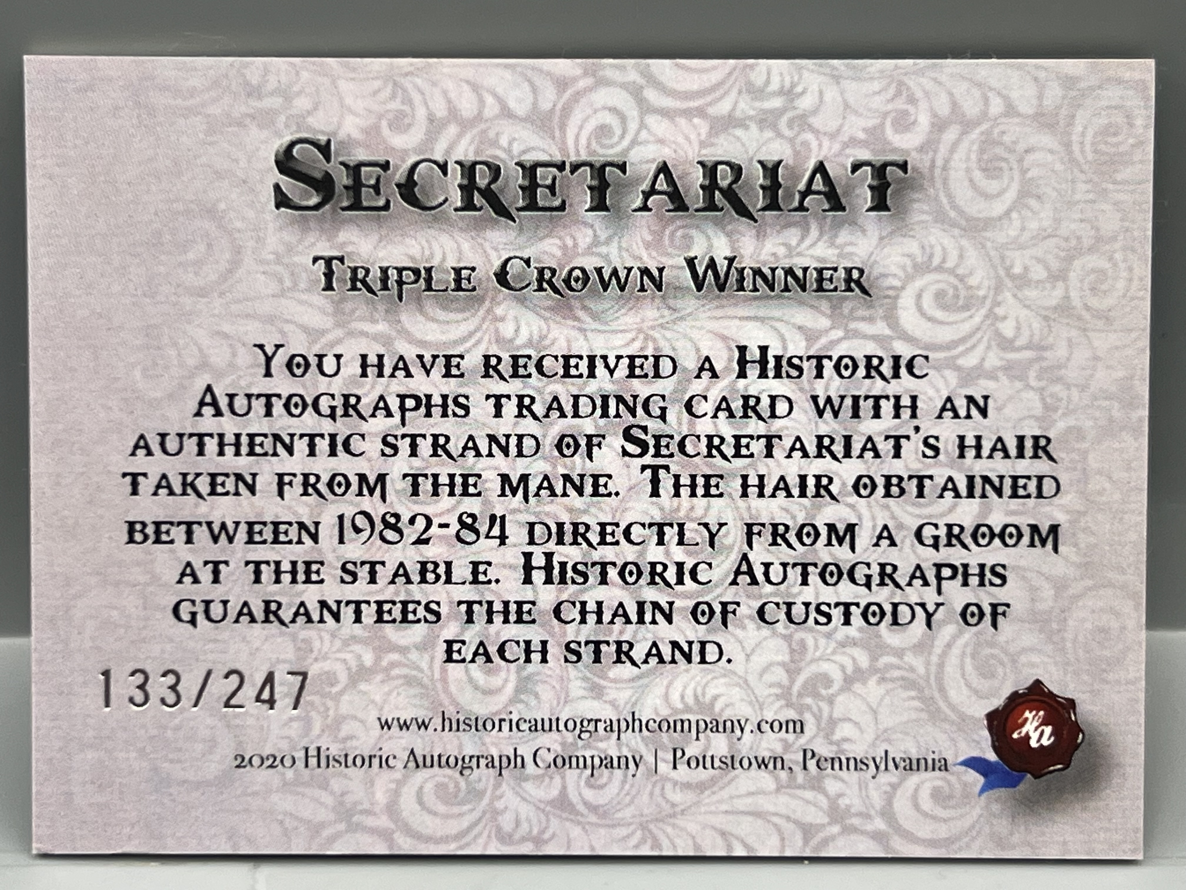 2020 Historic Autograph Co. Famous Americans Secretariat Historic DNA Hair Relic #/247