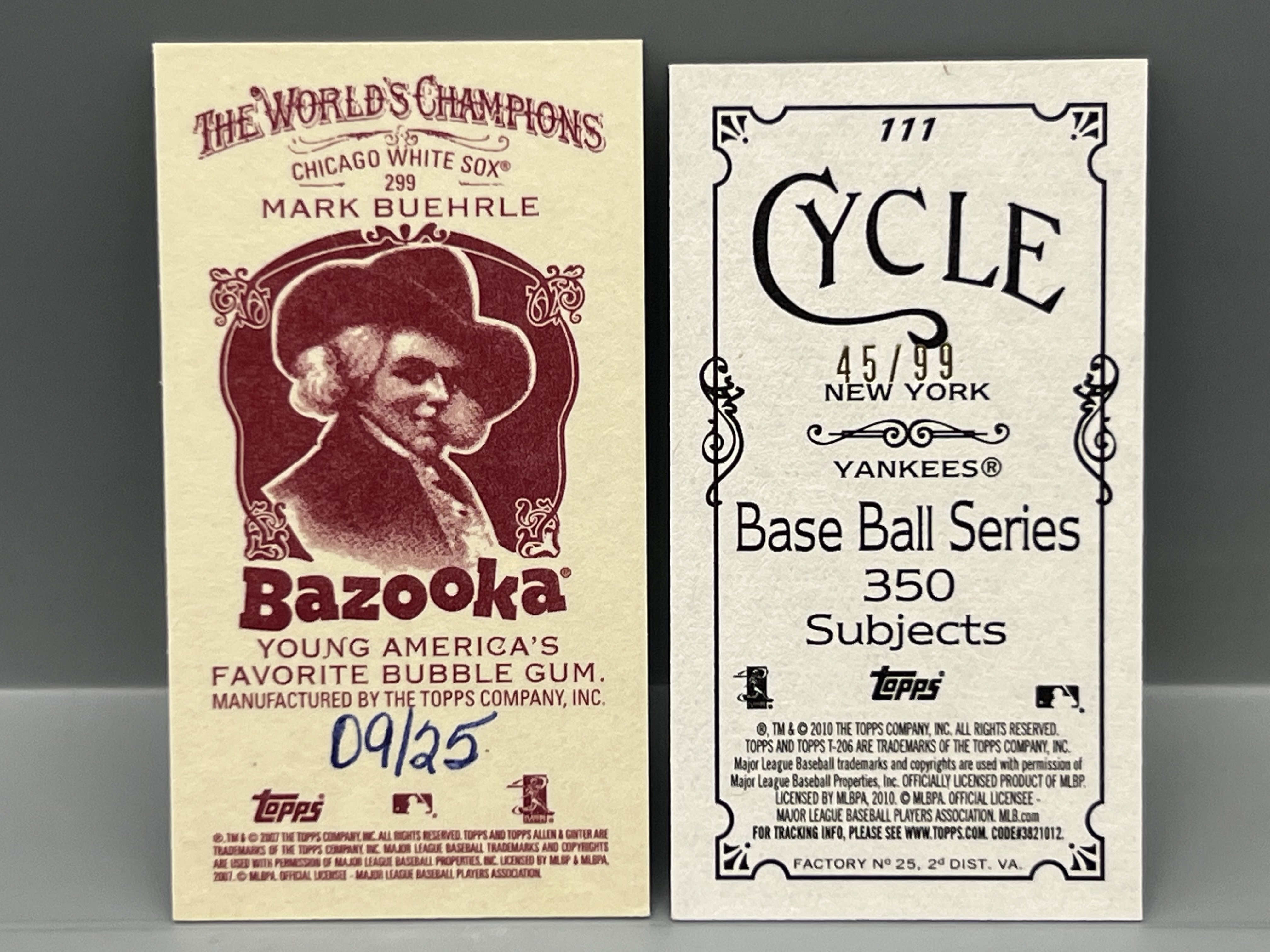 2007 Topps Allen & Ginter Mark Buehrle Bazooka Back Hand Numbered #/25 & 2010 Topps 206 Mark Teixeira Cycle Back #/99