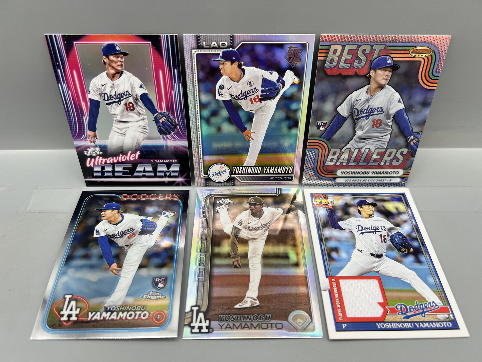 Lot of (6) Yoshinobu Yamamoto Baseball Cards W/ Rookies & Relic