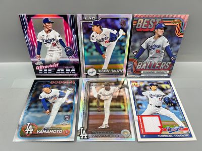 Lot of (6) Yoshinobu Yamamoto Baseball Cards W/ Rookies & Relic