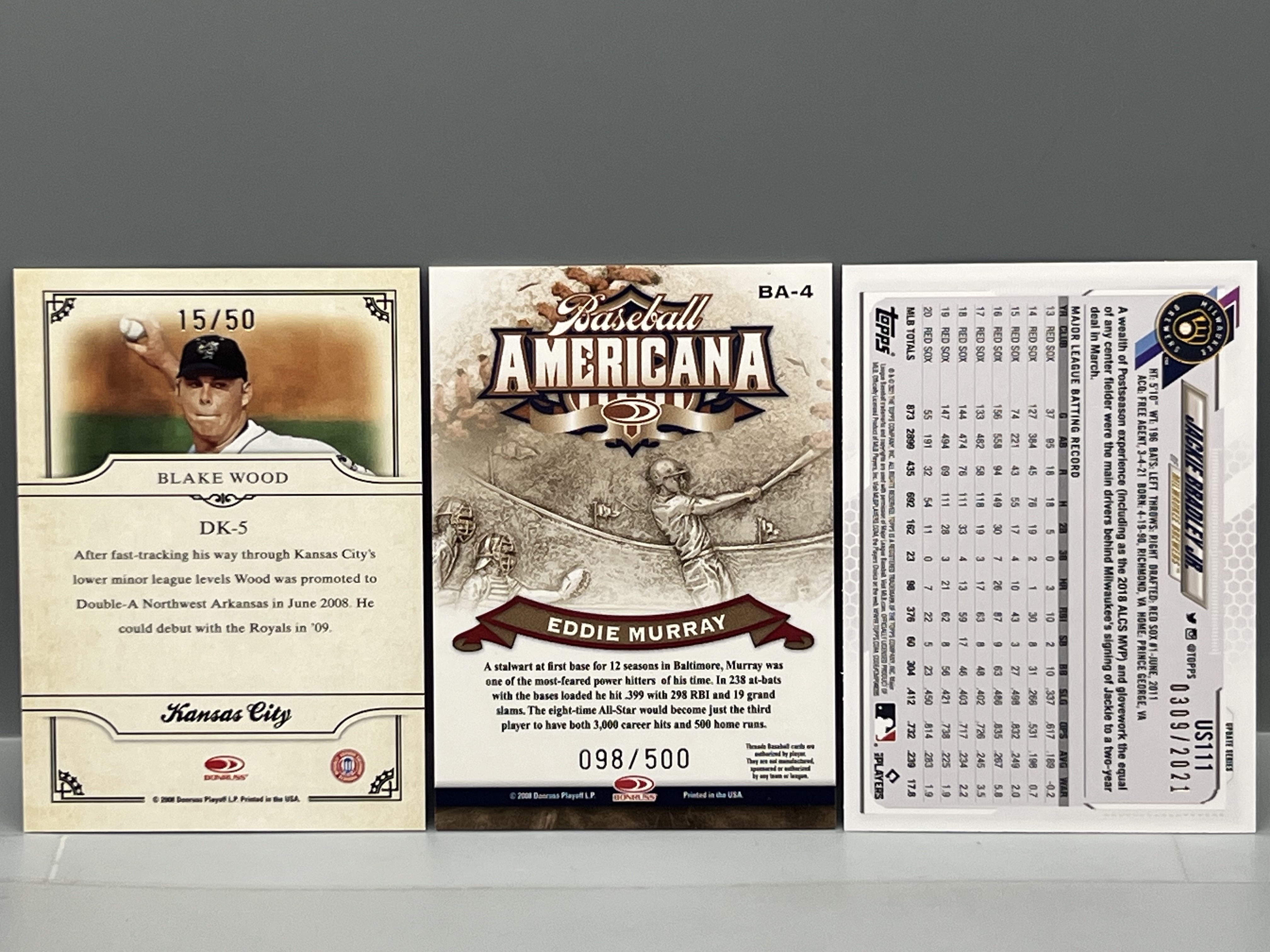 (3) Baseball Serial Numbered Cards - Eddie Murray #/500, Blake Wood #50, Jackie Bradley Jr. #/2021