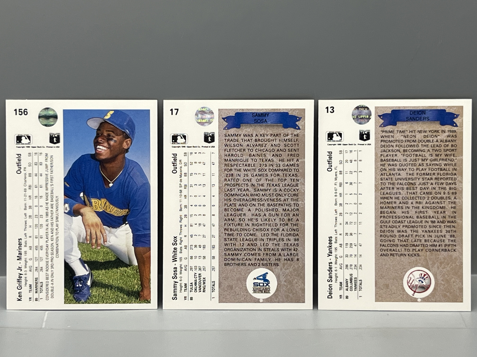 1990 Upper Deck Sammy Sosa RC #17, Deion Sanders RC #13, & Ken Griffey Jr. 2nd Year #156