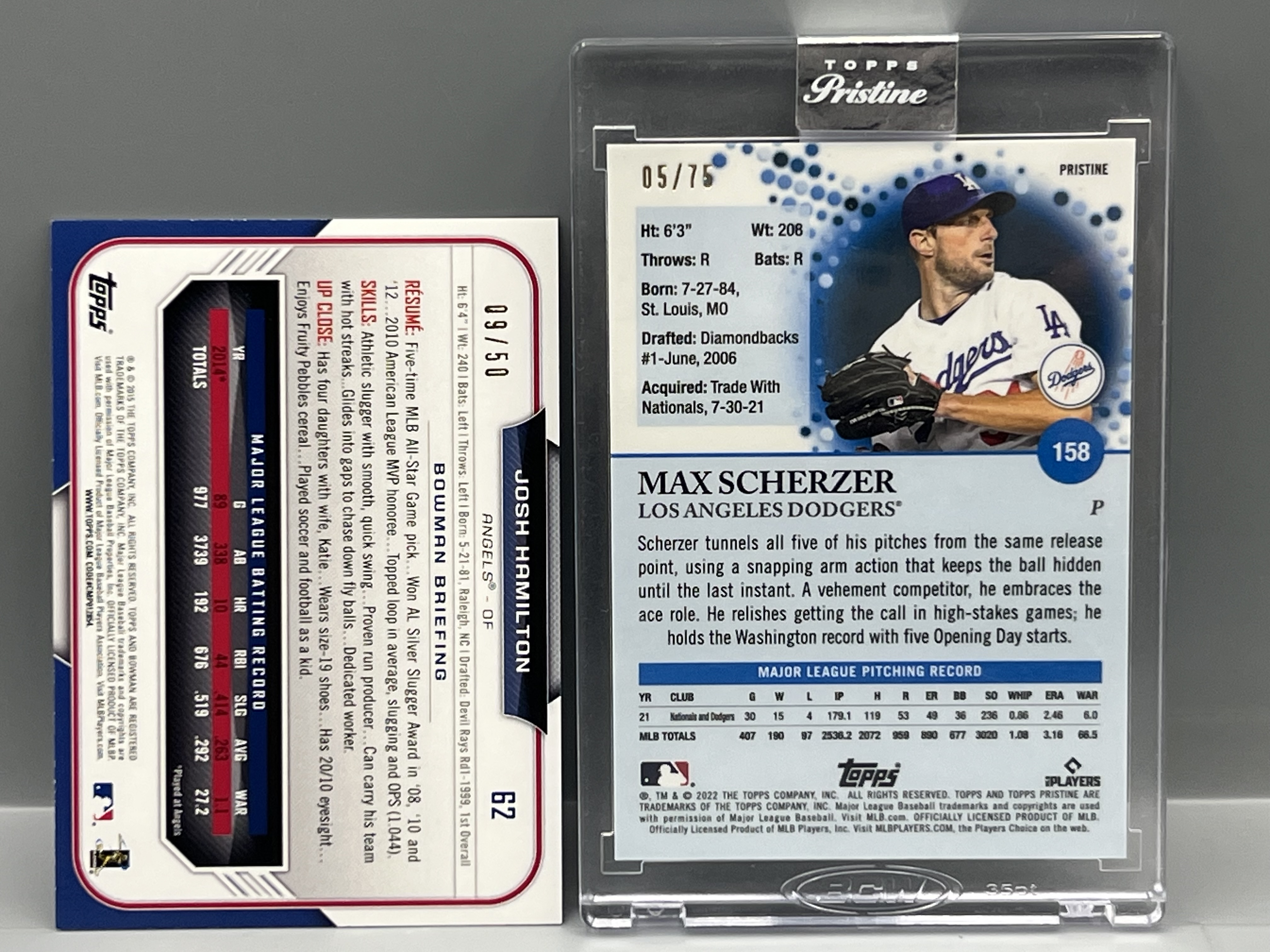 2015 Bowman Josh Hamilton Purple #/50 & 2022 Topps Pristine Max Scherzer Blue #/75