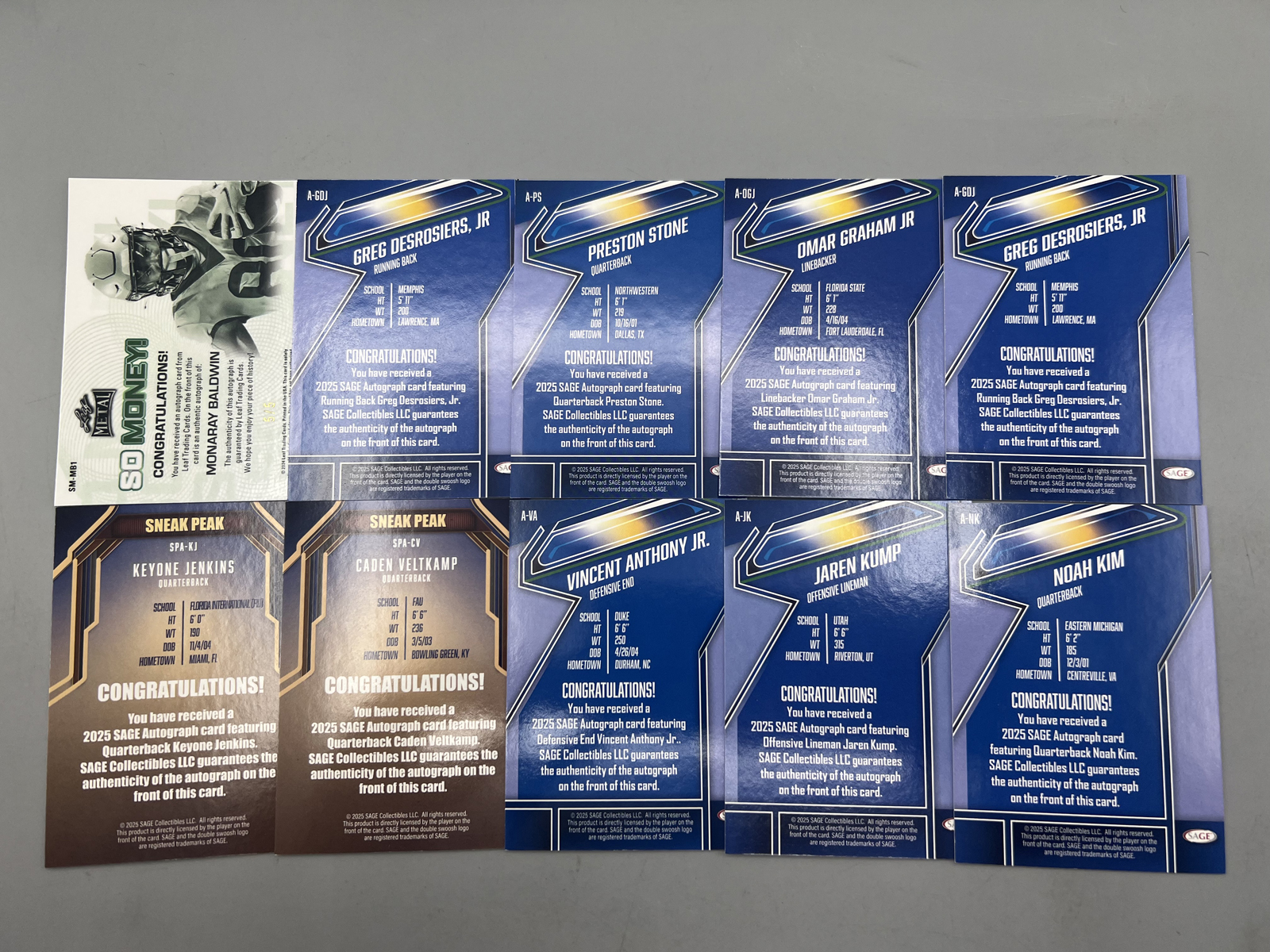 Lot of (10) Assorted Football Autograph Cards