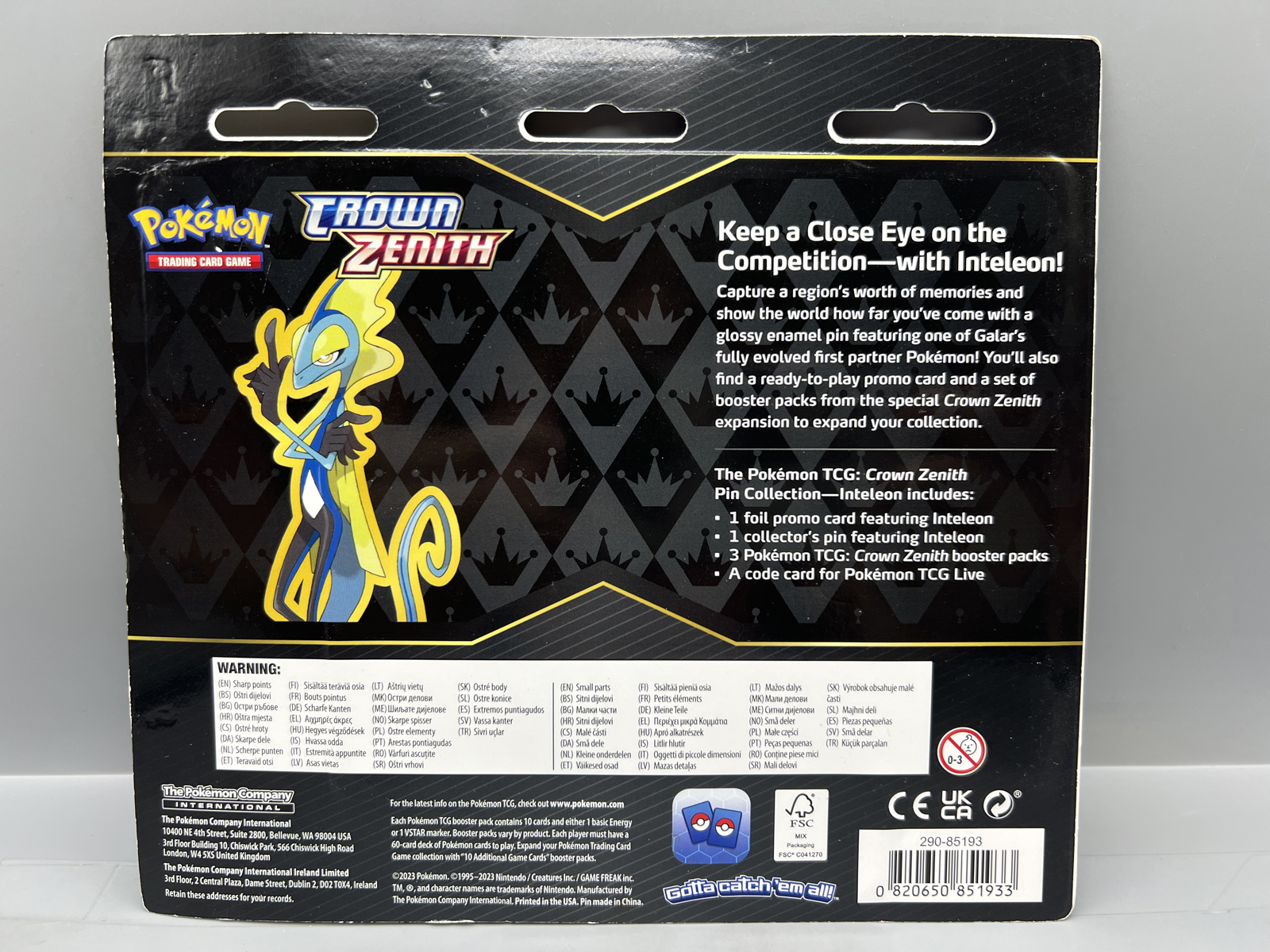 2023 Pokemon Sword And Shield Crown Zenith Inteleon Pin Collection