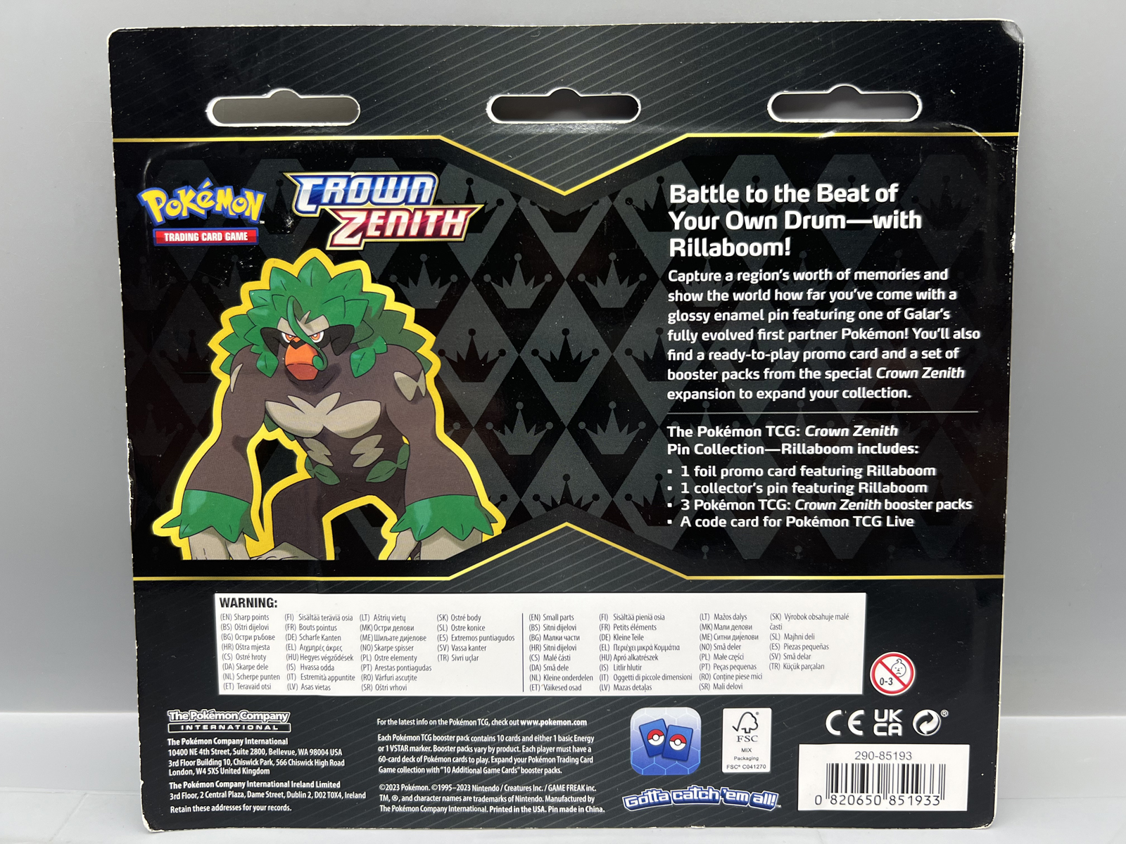 2023 Pokemon Sword And Shield Crown Zenith Rillaboom Pin Collection