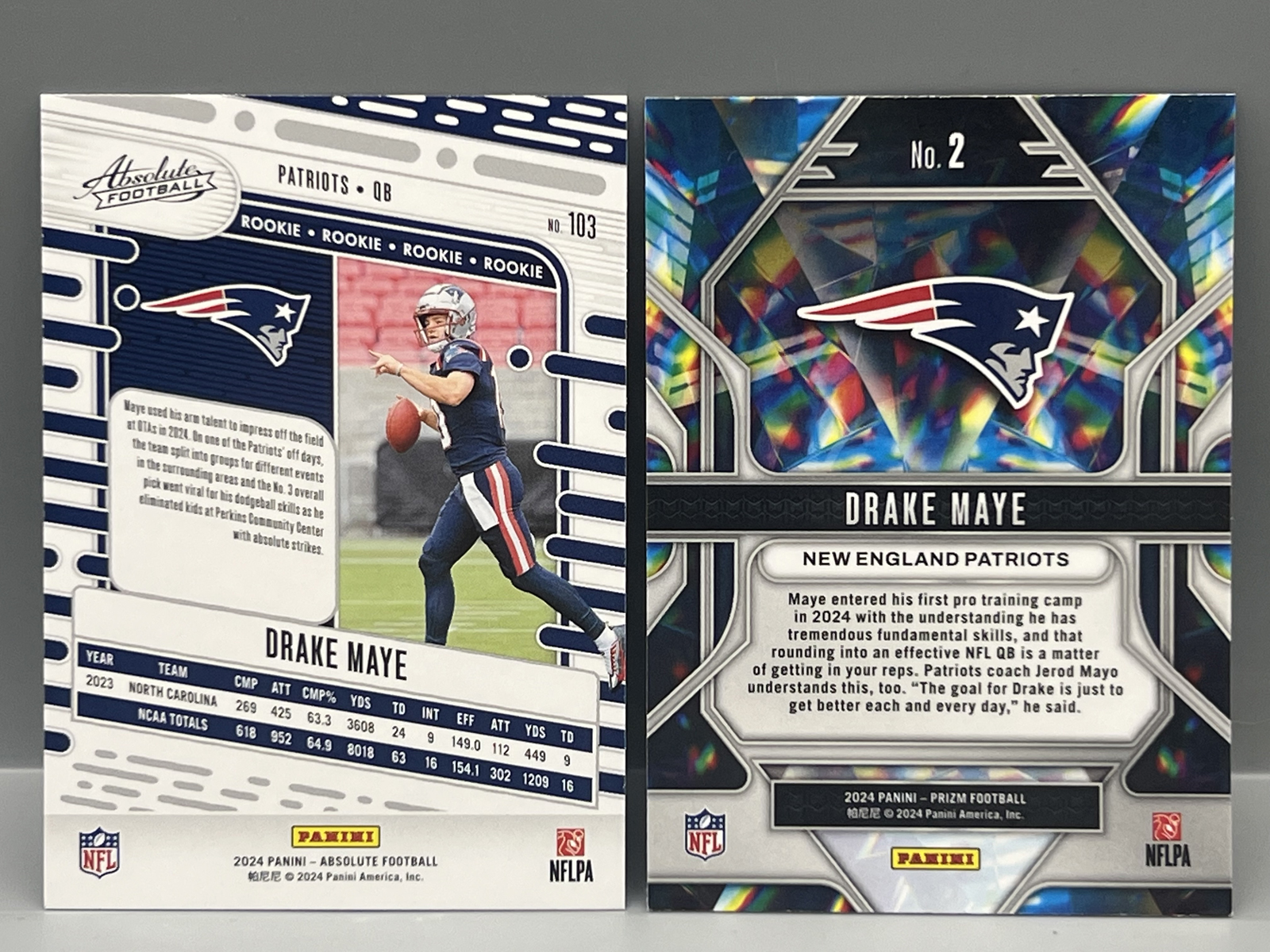 2024 Drake Maye Lot of 2 RCs - Panini Absolute #103 & Panini Prizm Prizmatic #2