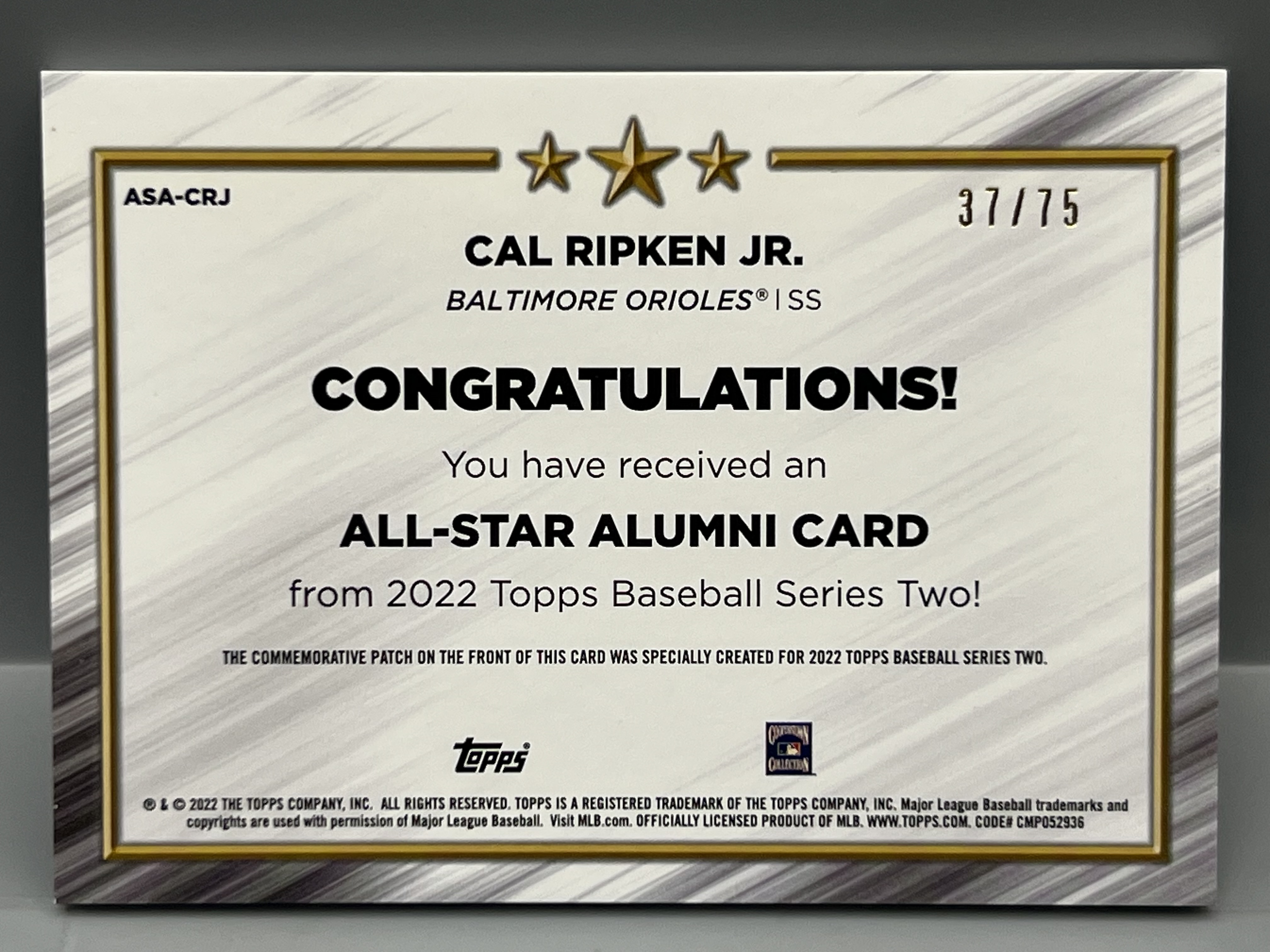 2022 Topps Series Two Cal Ripken Jr. All Star Alumni Manufactured Patch #/75