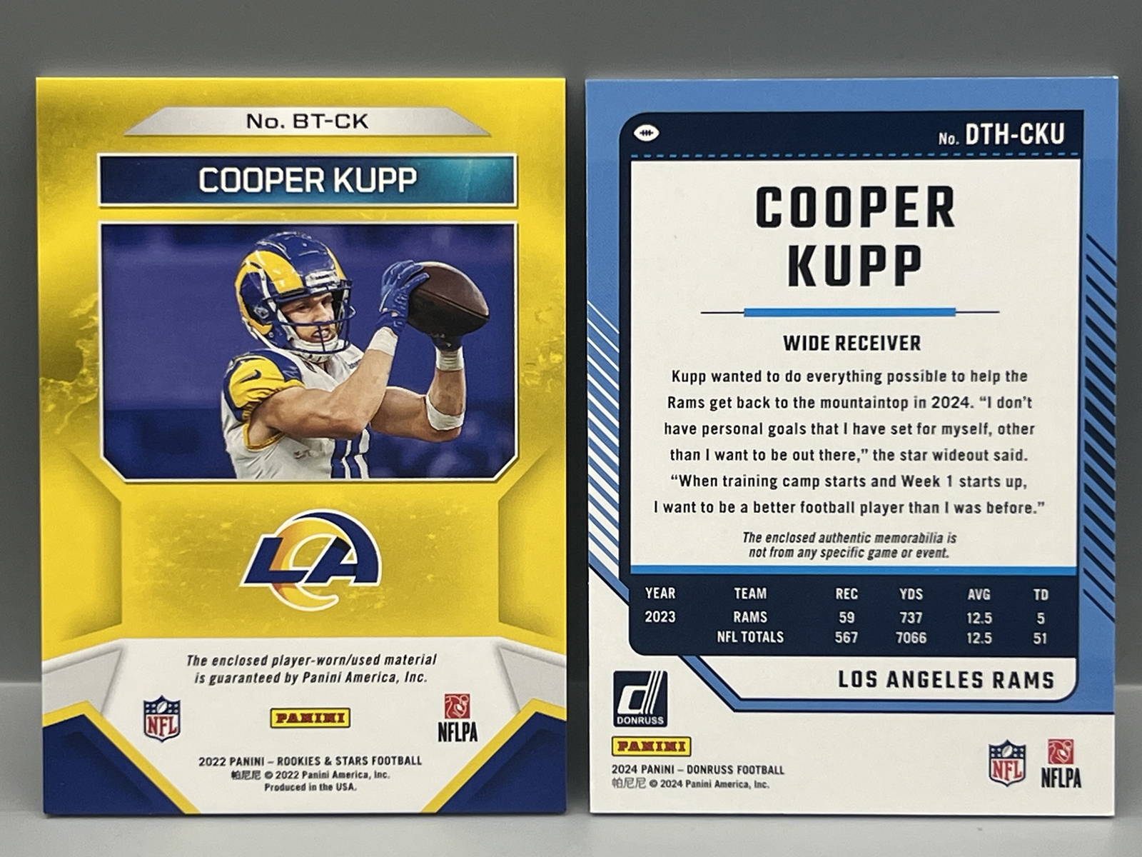 Cooper Kupp 2022 Panini Rookies & Stars Player Worn Big Time Relic #/149 & 2024 Panini Donruss Threads Relic