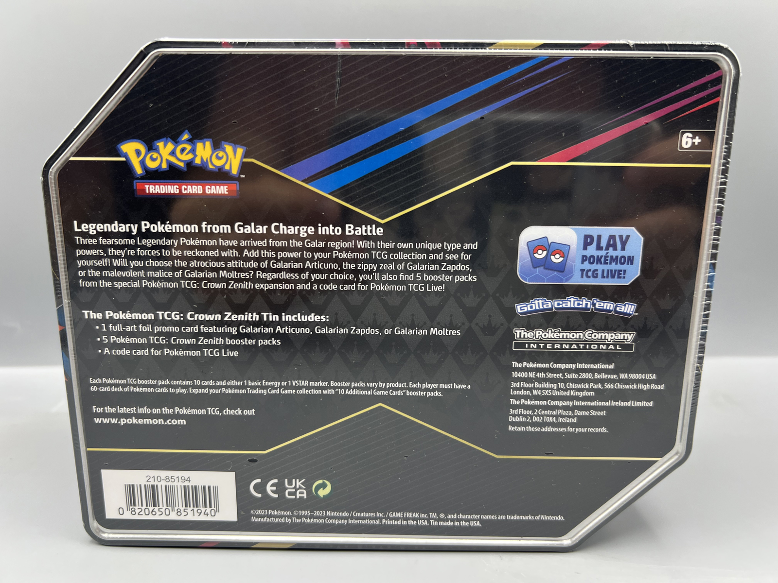 2023 Pokemon Sword & Shield Crown Zenith Galarian Articuno Factory Sealed Tin