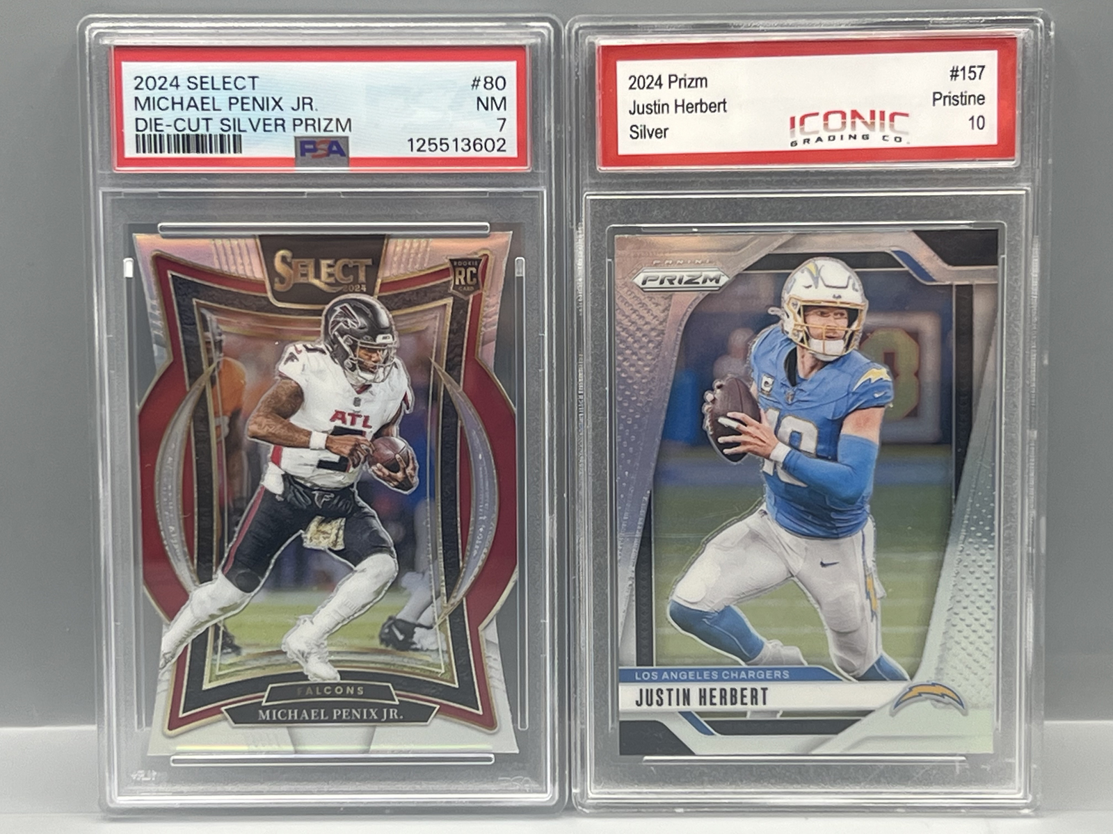 2024 Panini Select Michael Penix Jr. Die Cut Silver Prizm RC #80 PSA NM 7 & 2024 Panini Prizm Justin Herbert Silver Prizm #157