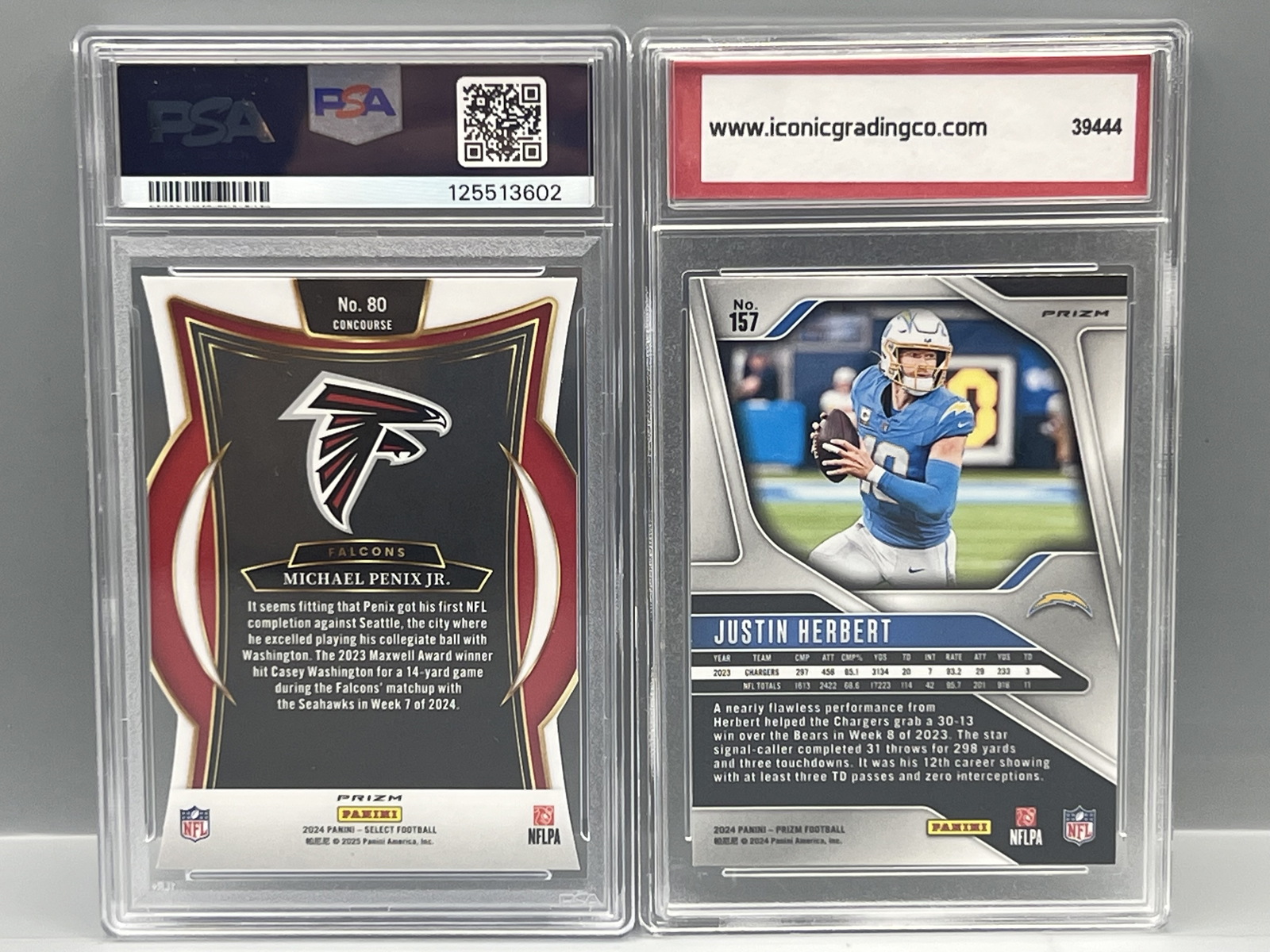 2024 Panini Select Michael Penix Jr. Die Cut Silver Prizm RC #80 PSA NM 7 & 2024 Panini Prizm Justin Herbert Silver Prizm #157