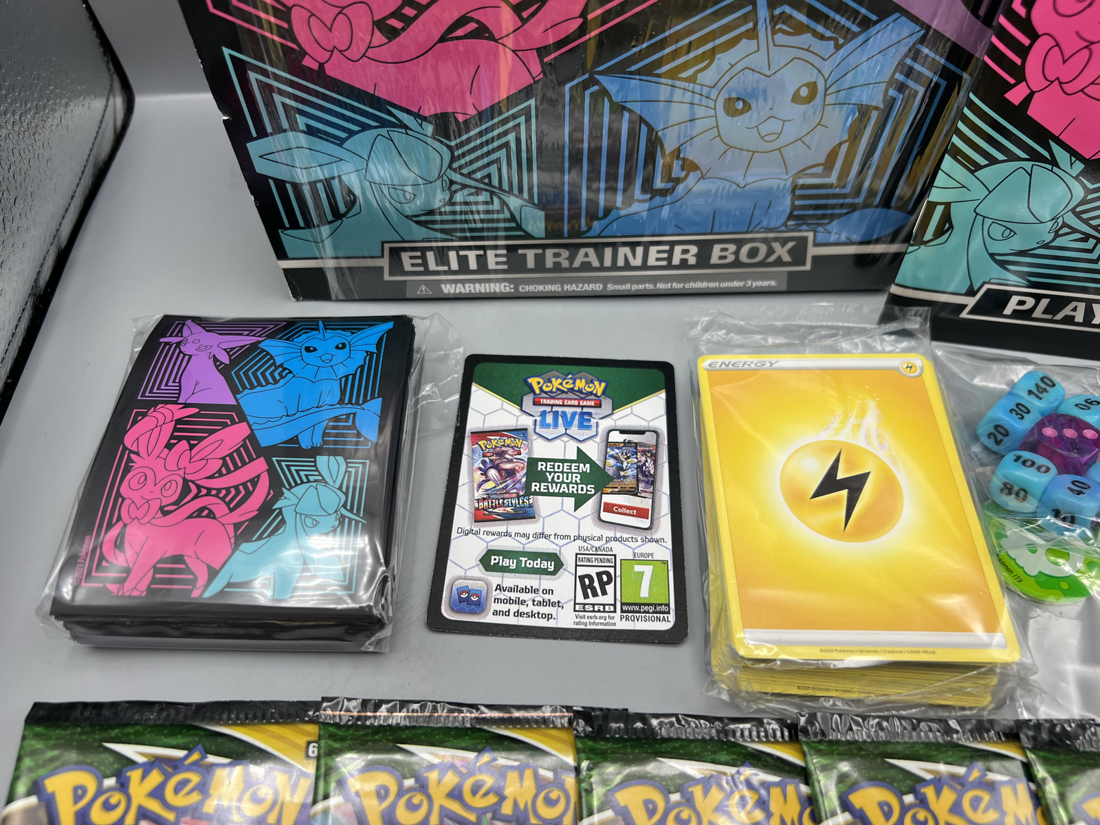 2021 Pokemon Sword & Shield Evolving Skies Complete Elite Trainer Box W/ All Packs & Included Bonus Items - The Box Has Been Opened But All