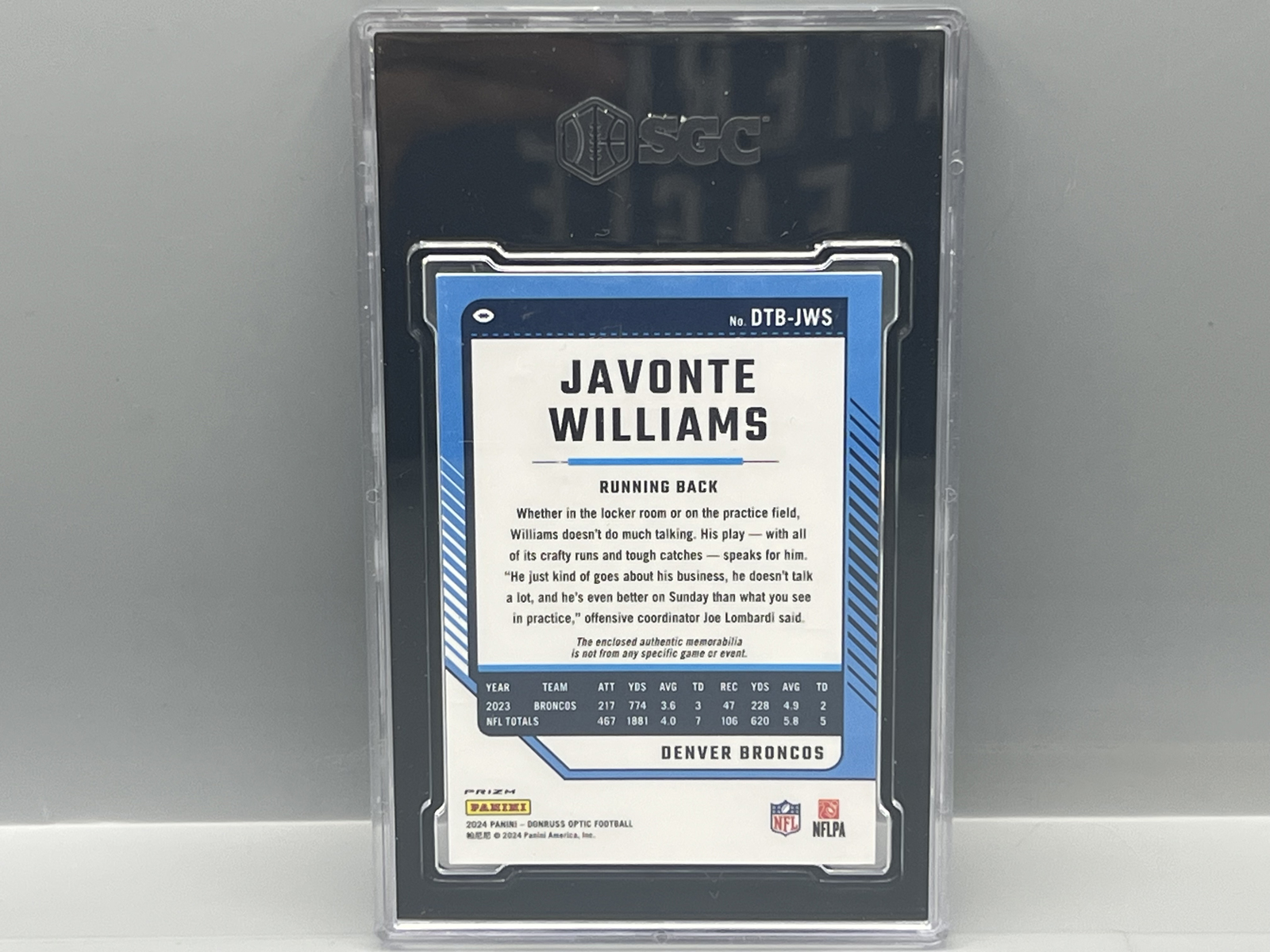 2024 Panini Donruss Optic Javonte Williams Threads Relic #DTB-JWS SGC Mint+ 9.5