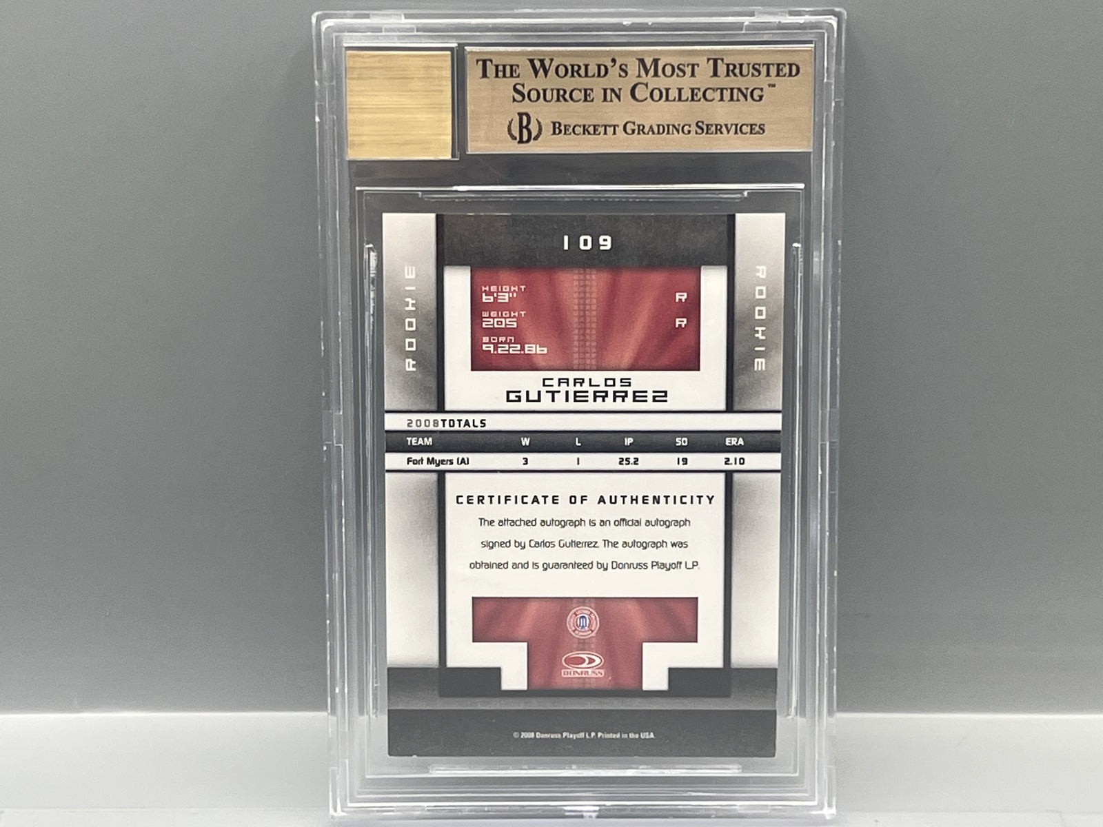 2008 Donruss Elite Extra Edition Carlos Gutierrez RC Auto #/202 BGS Gem Mint 9.5 W/ 10 Auto