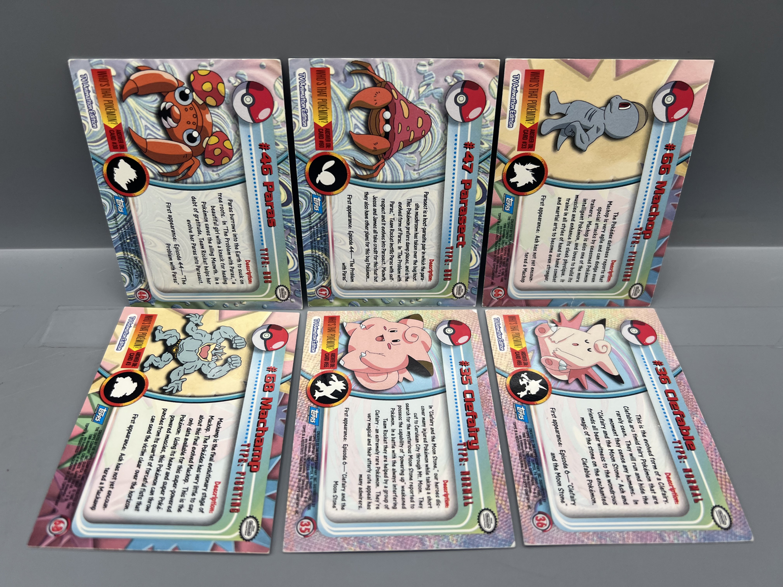 Lot of (6) 1999 Topps Pokemon TV 1st Print Blue Topps Logo Foil Trading Cards W/ Machamp Rainbow Foil - Varying Conditions