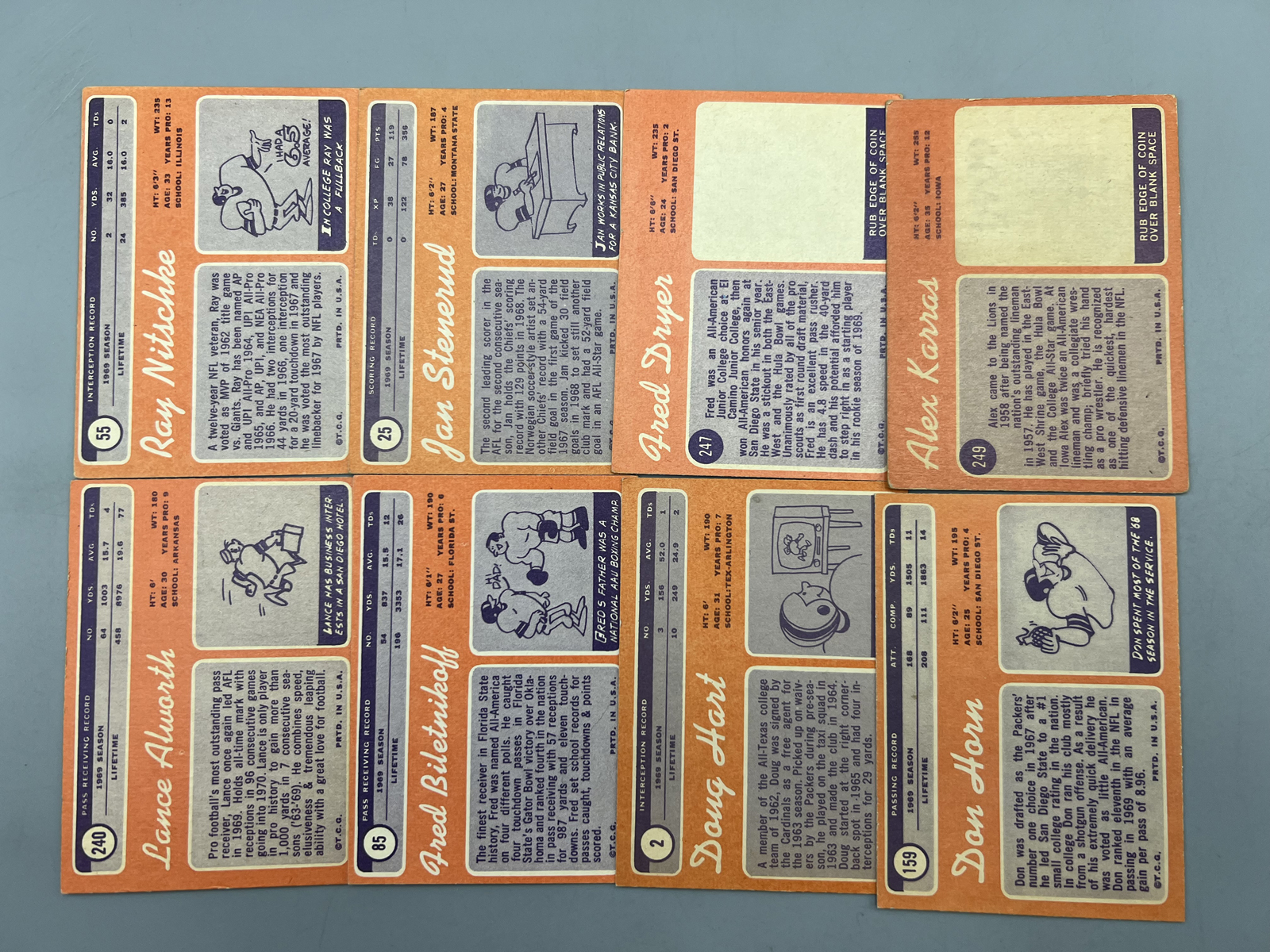 (8) 1970 Topps Football - Varying Conditions - Lance Alworth, Ray Nitschke, Jan Stenerud
