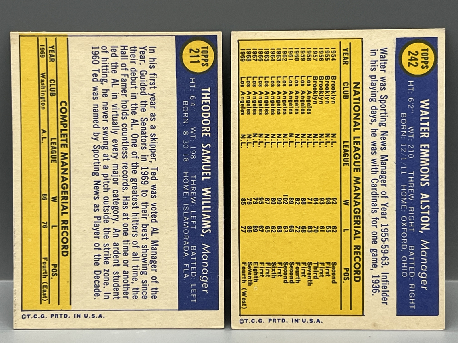 1970 Topps Ted Williams #211 & Walt Alston #242