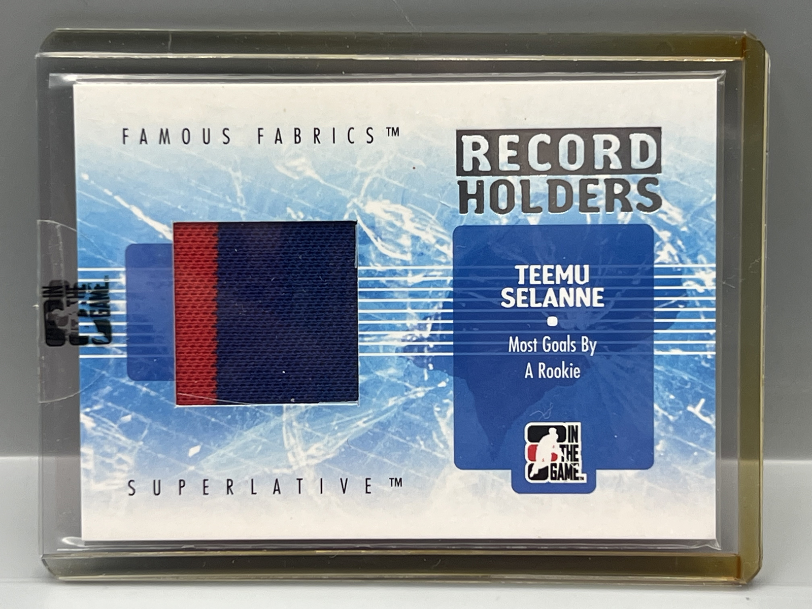 2008 In The Game Hockey Teemu Selanne Silver Record Holders Famous Fabrics Jumbo Game Used Jersey Relic #/9 - Sealed In Toploader