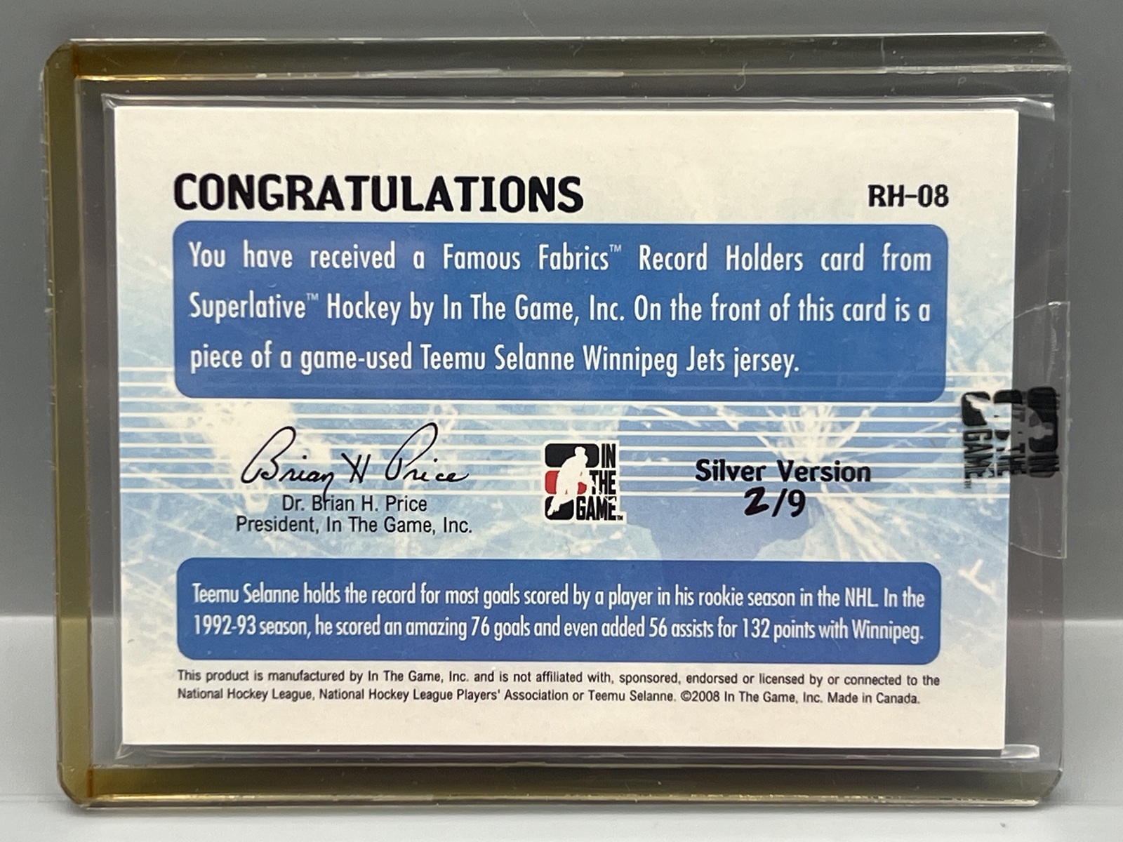 2008 In The Game Hockey Teemu Selanne Silver Record Holders Famous Fabrics Jumbo Game Used Jersey Relic #/9 - Sealed In Toploader