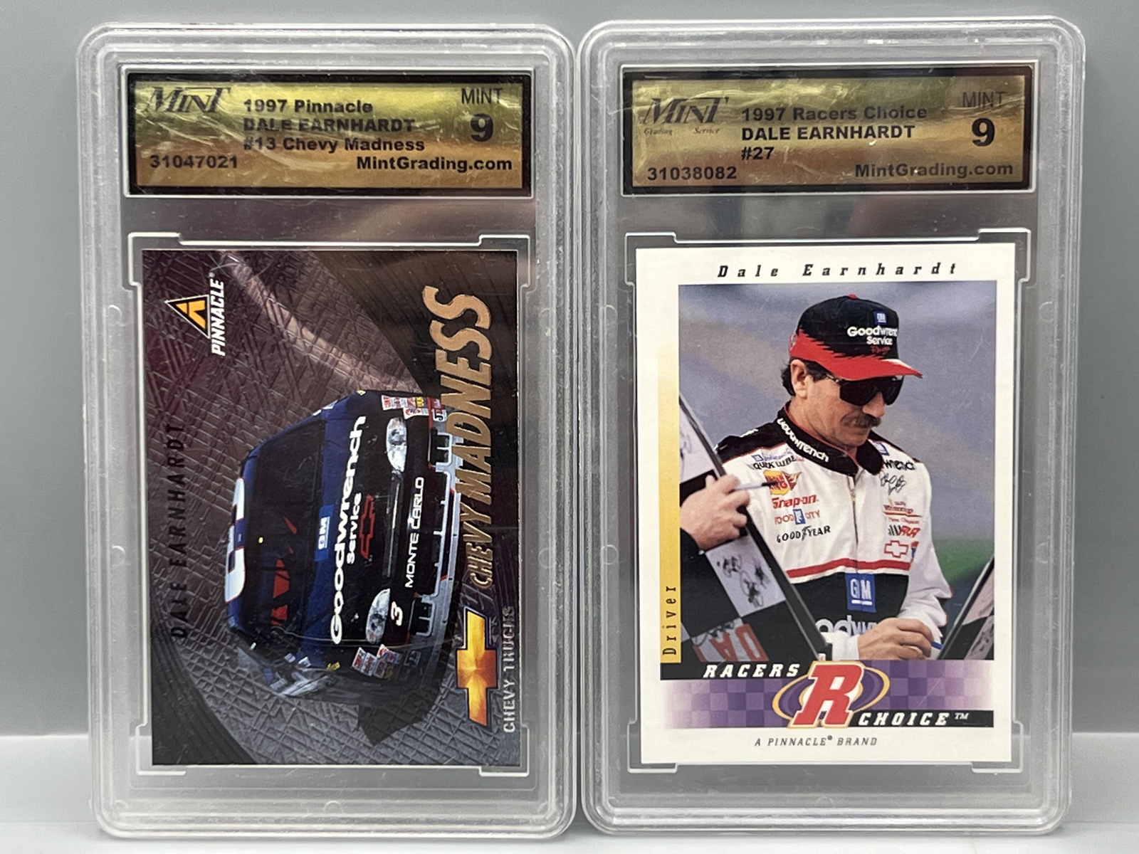 1997 Pinnacle Dale Earnhardt Chevy Madness #13 & 1997 Racers Choice #27 - Both Slabbed By Mint Grading