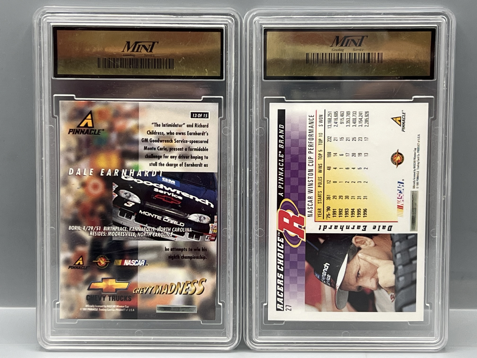1997 Pinnacle Dale Earnhardt Chevy Madness #13 & 1997 Racers Choice #27 - Both Slabbed By Mint Grading