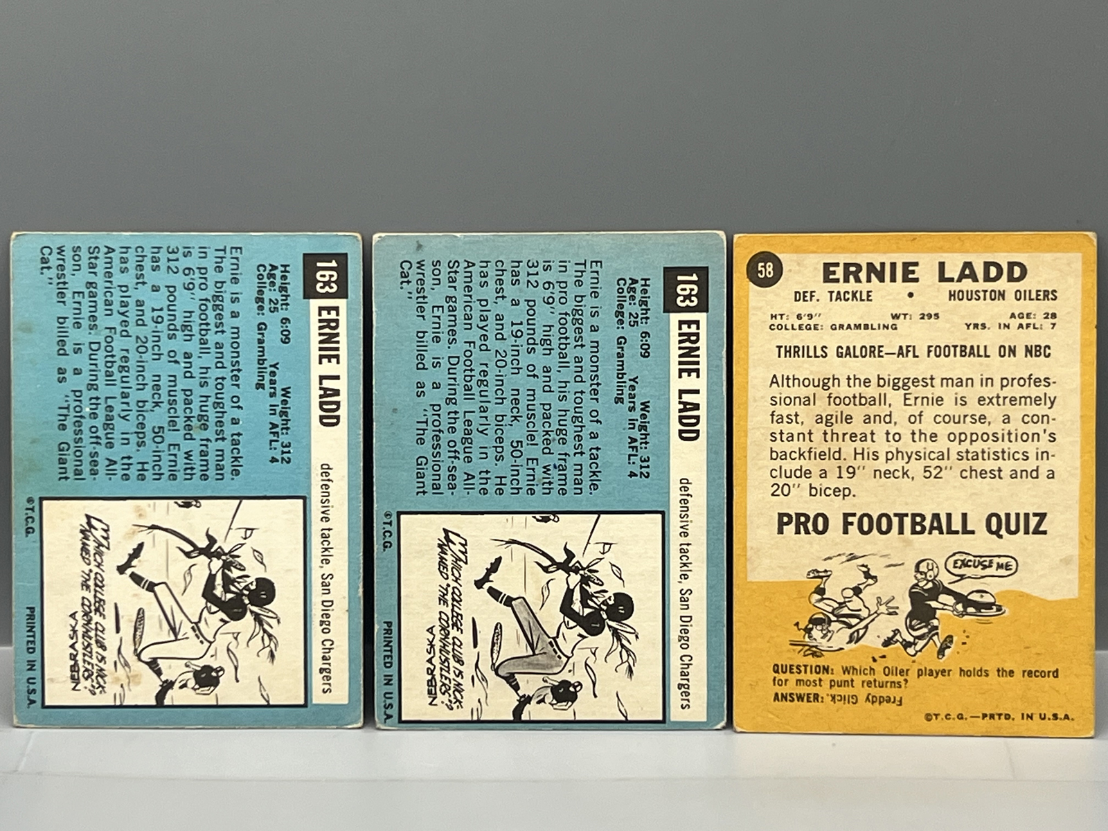 (3) 1964 & 1967 Topps Ernie Ladd Football Cards - Varying Conditions - Professional Wrestler - WWF, WCW, NWA, WON 4-Time Hall of Famer
