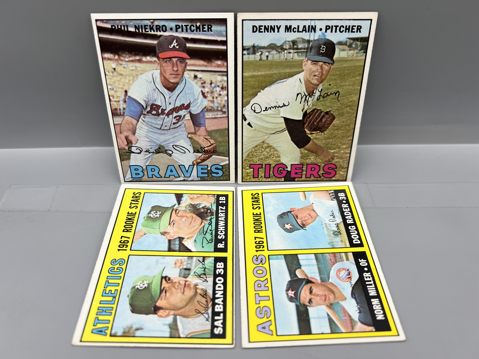 (4) 1967 Topps Star Player Baseball Cards - Phil Niekro, Sal Bando RC, Denny McLain - Varying Conditions